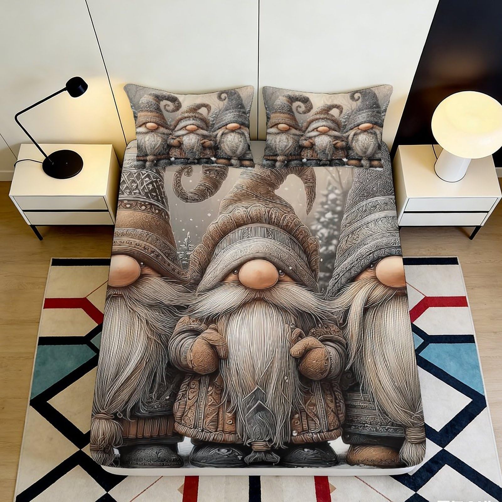 3D Printed Nordic Gnome Fitted Sheet Microfiber Anti-Slip Fantasy Elf Bed Cover for Bedroom Guest Room Decor Easy Care 90x200x25cm