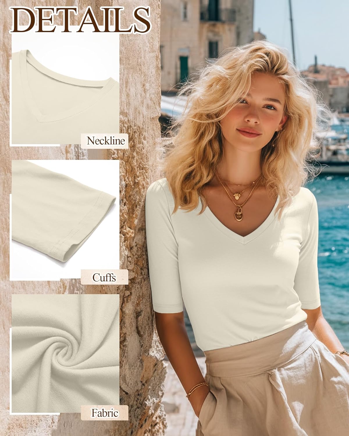 Ficerd 3 Pack Women's Half Sleeve V Neck T Shirts, Mid Elbow Length Sleeve Shirt Slim Fit Tunic Top Casual Summer Tee - Image 4