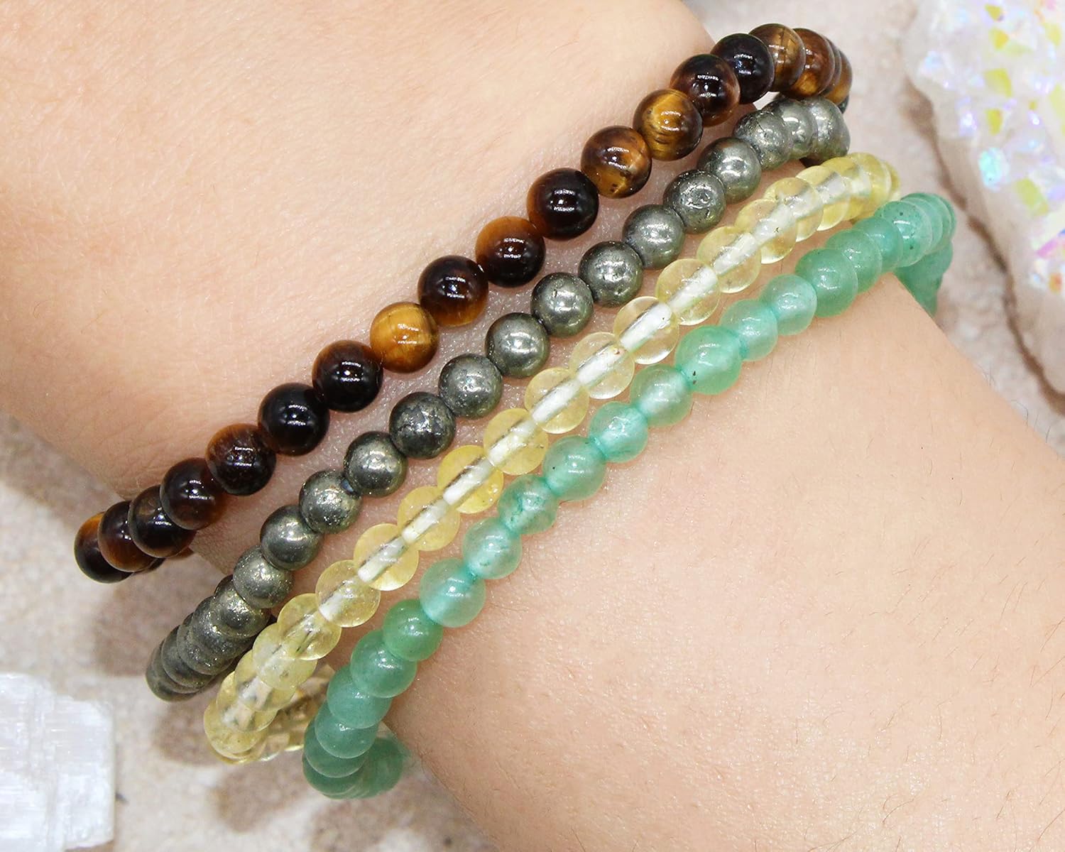 Healing Crystal Gemstone Intention Stackable Dainty beaded Bracelet Sets 4mm beads Attract Money Abundance Wealth Anti Anxiety Attract Love Intuition Psychic Power Self Confidence Focus Willpower Manifest Good Luck Success Protection Motivational Bracelets