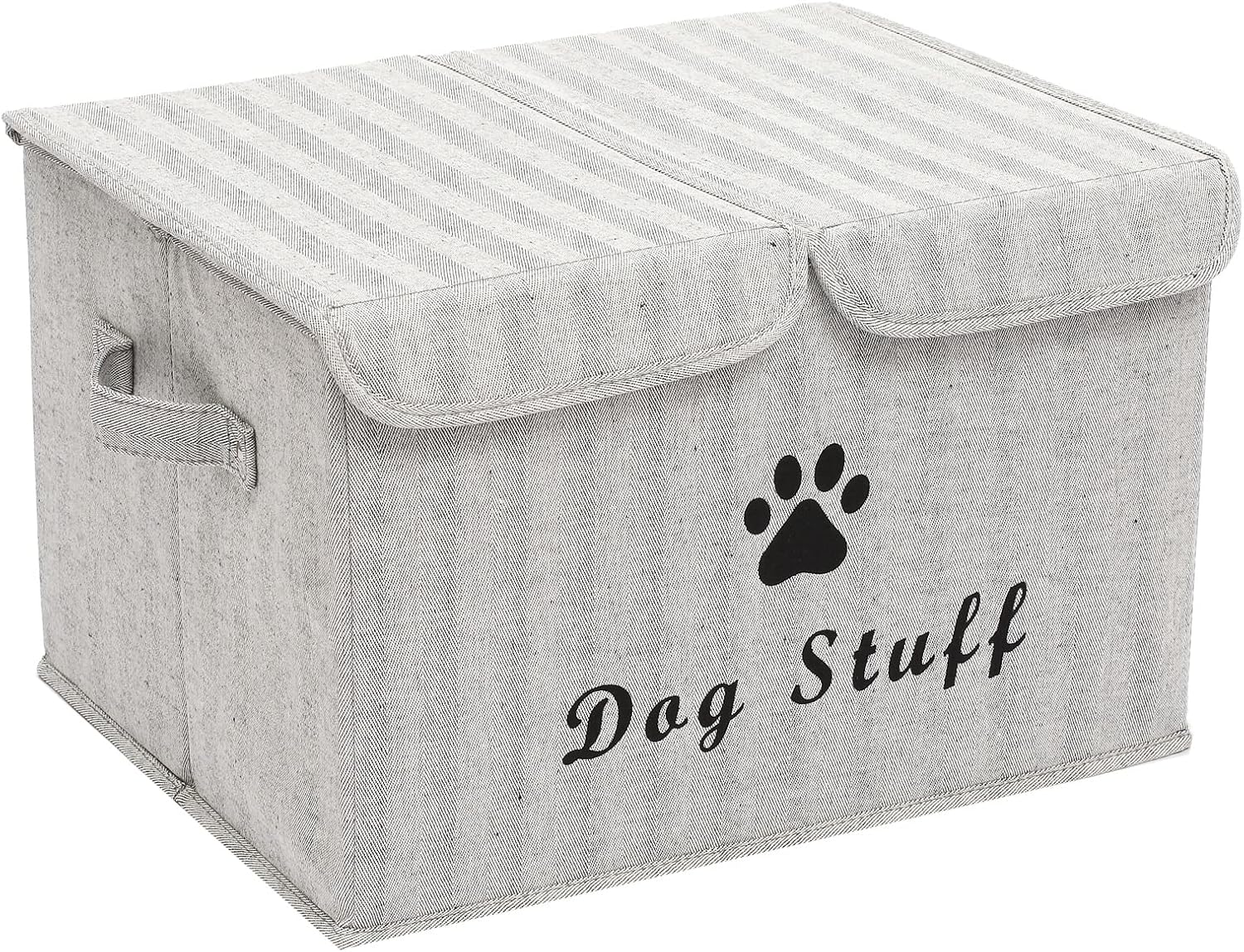Large Dog Toys Storage Box Canvas Storage Basket Bin Organizer with Lid - Collapsible Linen Bin Ideal for Organizing Dog Cat Toys and pet Stuff-PP Boad-17" x 12" x 10" - Gray Stripe