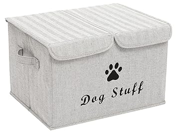 Brabtod Large Dog Toys Storage Box Canvas Storage Basket Bin Organizer with Lid - Idea for Collapsible Bin for Organizing Dog Cat Toys and Dog Stuff - Gray Stripe