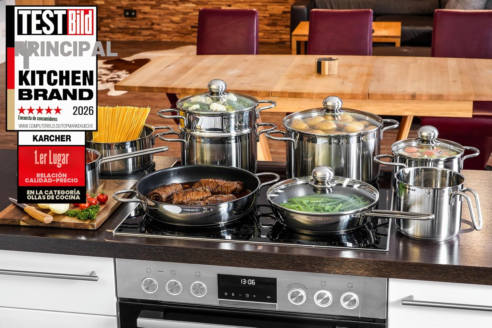 Karcher 113577 Batería de cocina Jette (14 piezas, incl. 5 tapas de cristal, acero inoxidable, apta para inducción y lavavajillas)