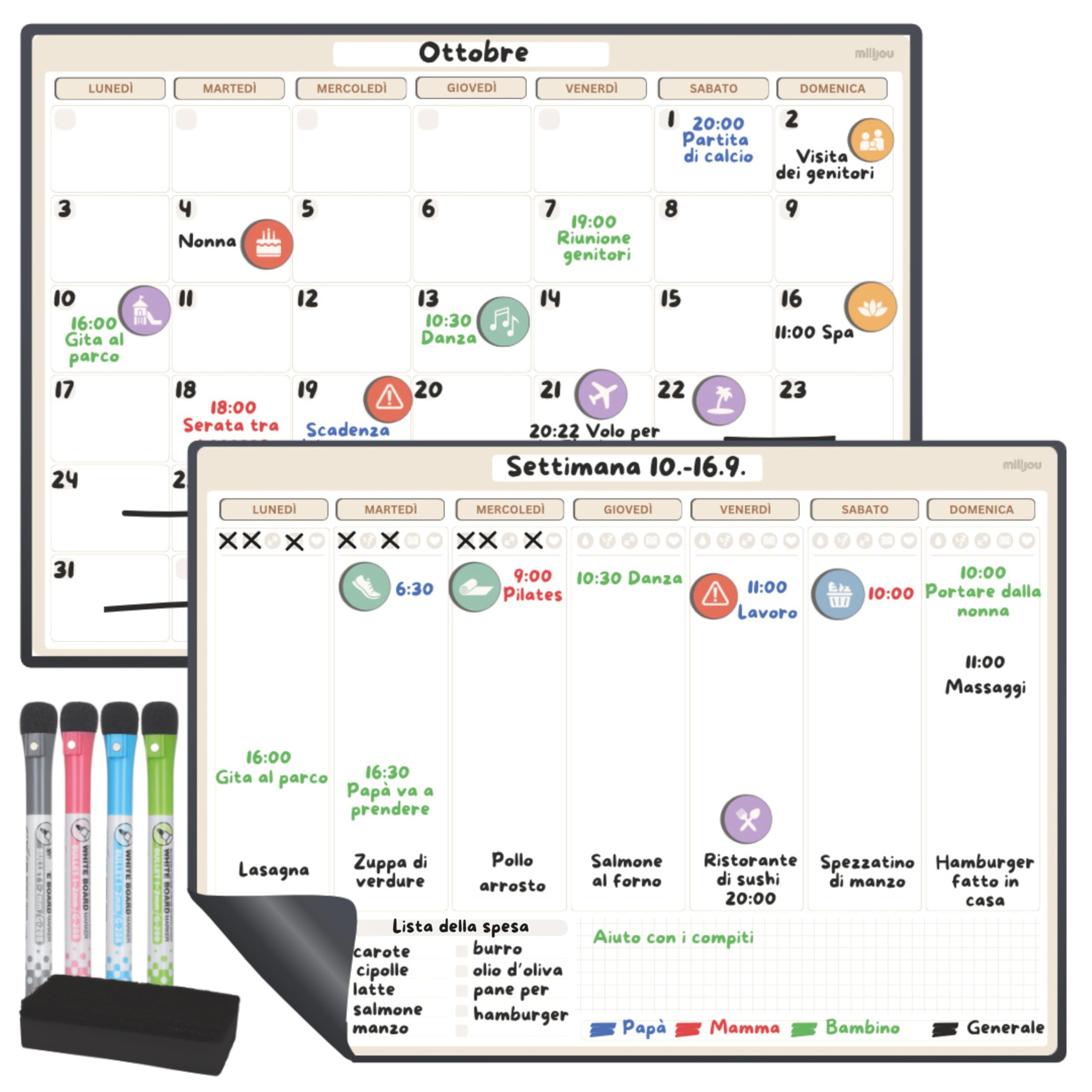 Calendario Magnetico da Frigorifero Formato A3 – Planner Mensile e Settimanale Cancellabile – 42 Adesivi per Eventi, 4 Pennarelli, 1 Gomma – Lavagna Magnetica – Tracker del Benessere