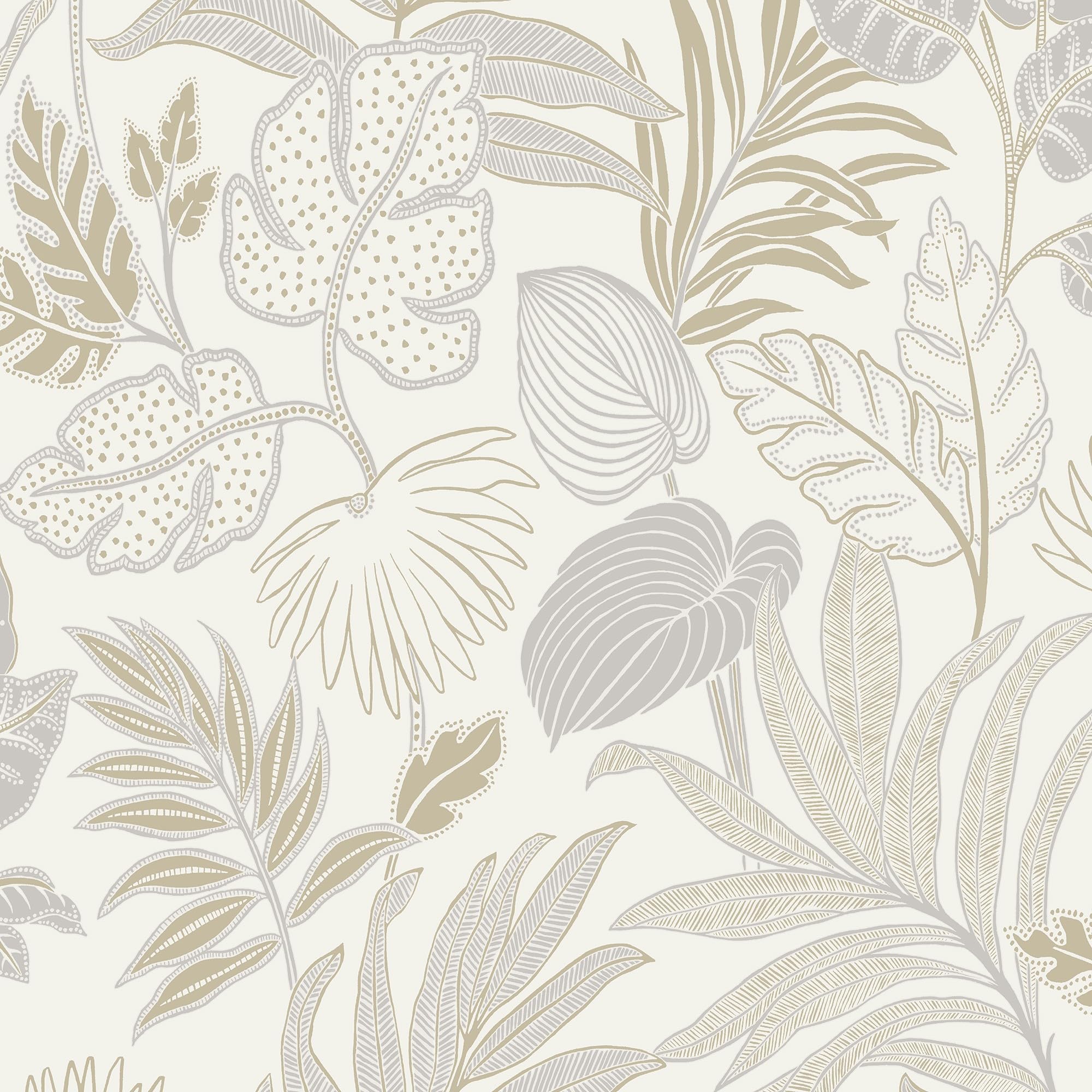 Grandeco Kew Botanical Leaves Blown Vinyl Textured Wallpaper, Neutral