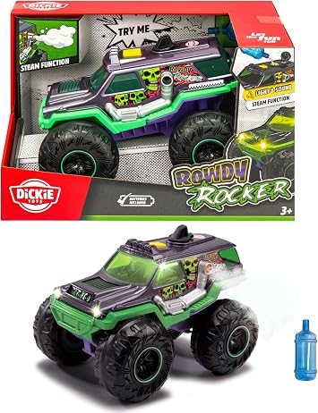 DICKIE TOYS Rowdy Rocker Truck 25 cm Freewheel Vehicle with Light, Sound, Suspension, Smoking Effect, and Rubber Tires for Kids Ages 3 and Up