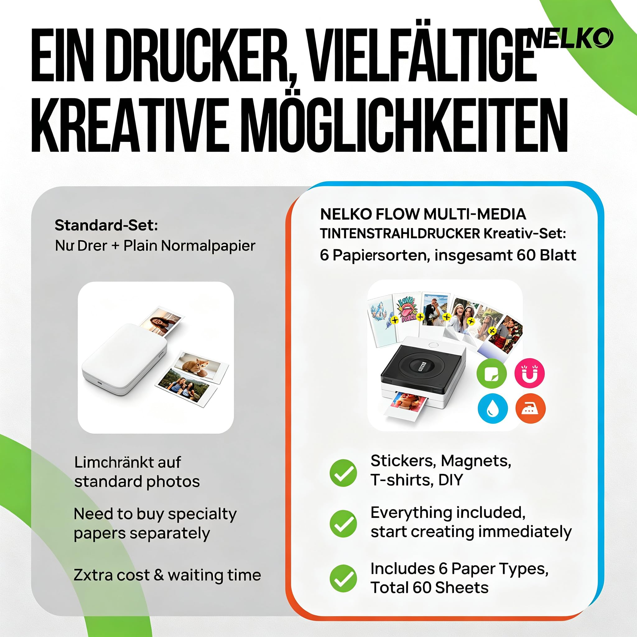 Nelko Flow Fotodrucker Tragbarer Mini Tintenstrahldrucker, Elfenbein