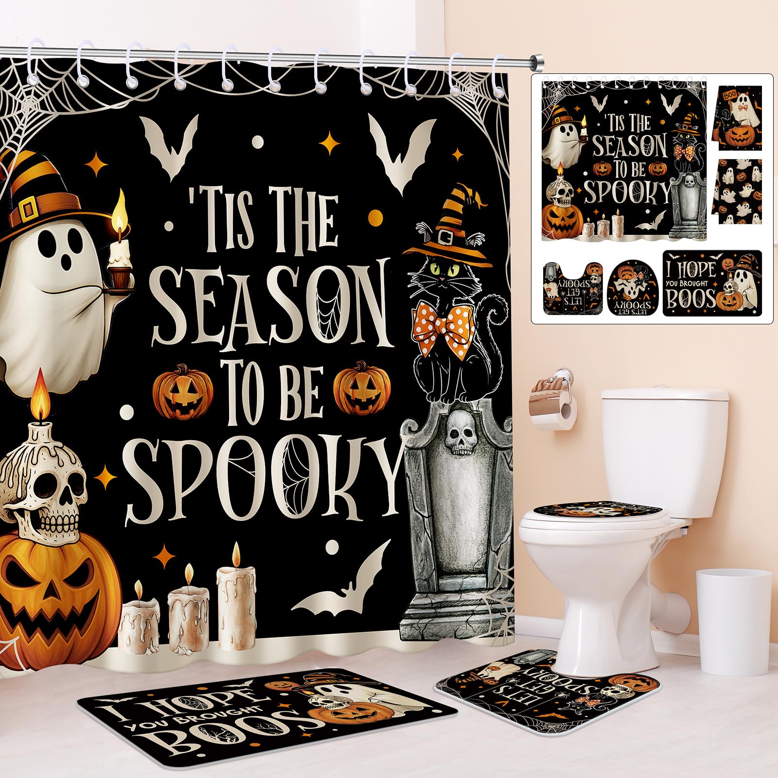 HunnmingRe 6 Pcs Halloween Bathroom Decor, Spooky Ghost Shower Curtain Sets