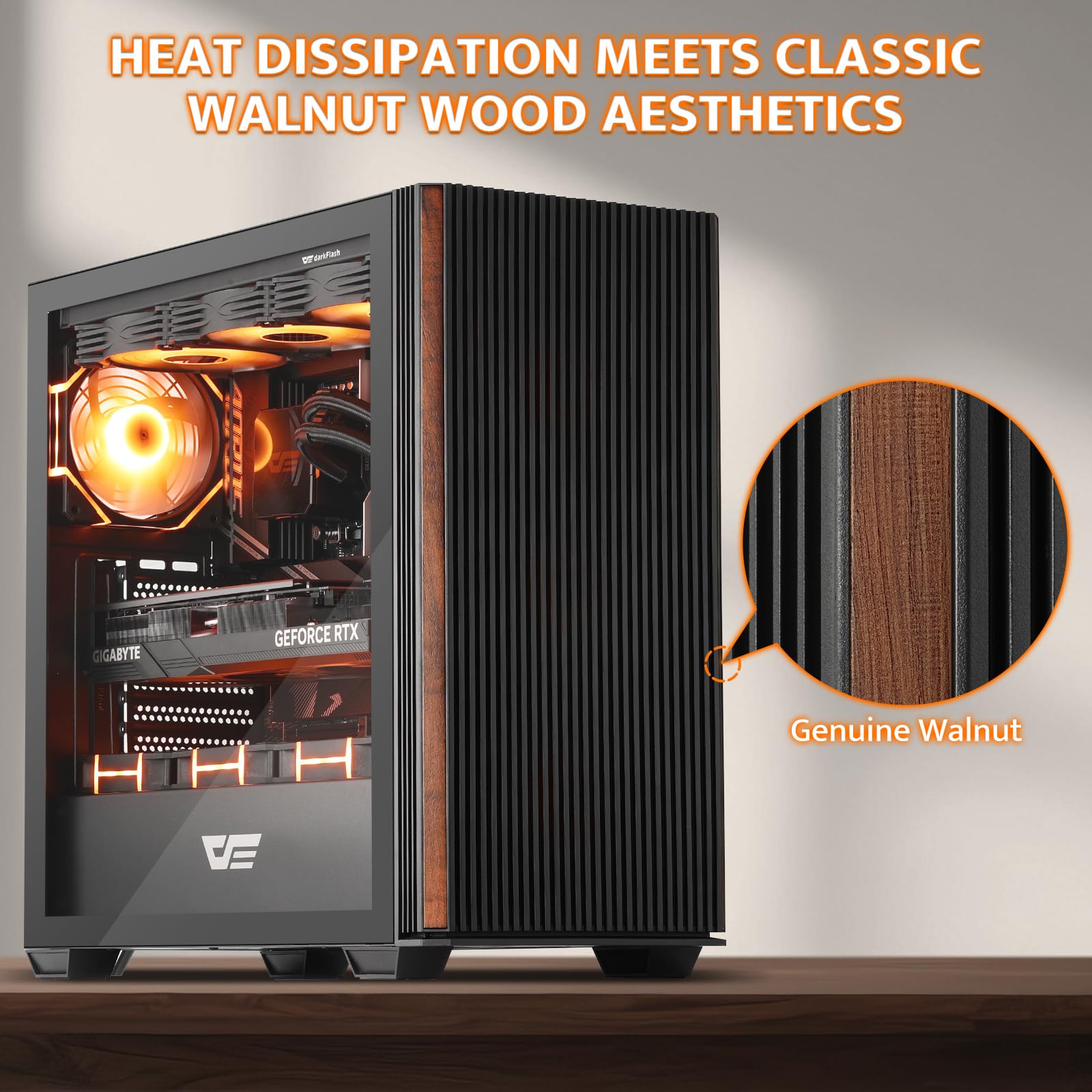 darkFlash DS900WS(2025) ATX PC Case, madeira de nogueira real