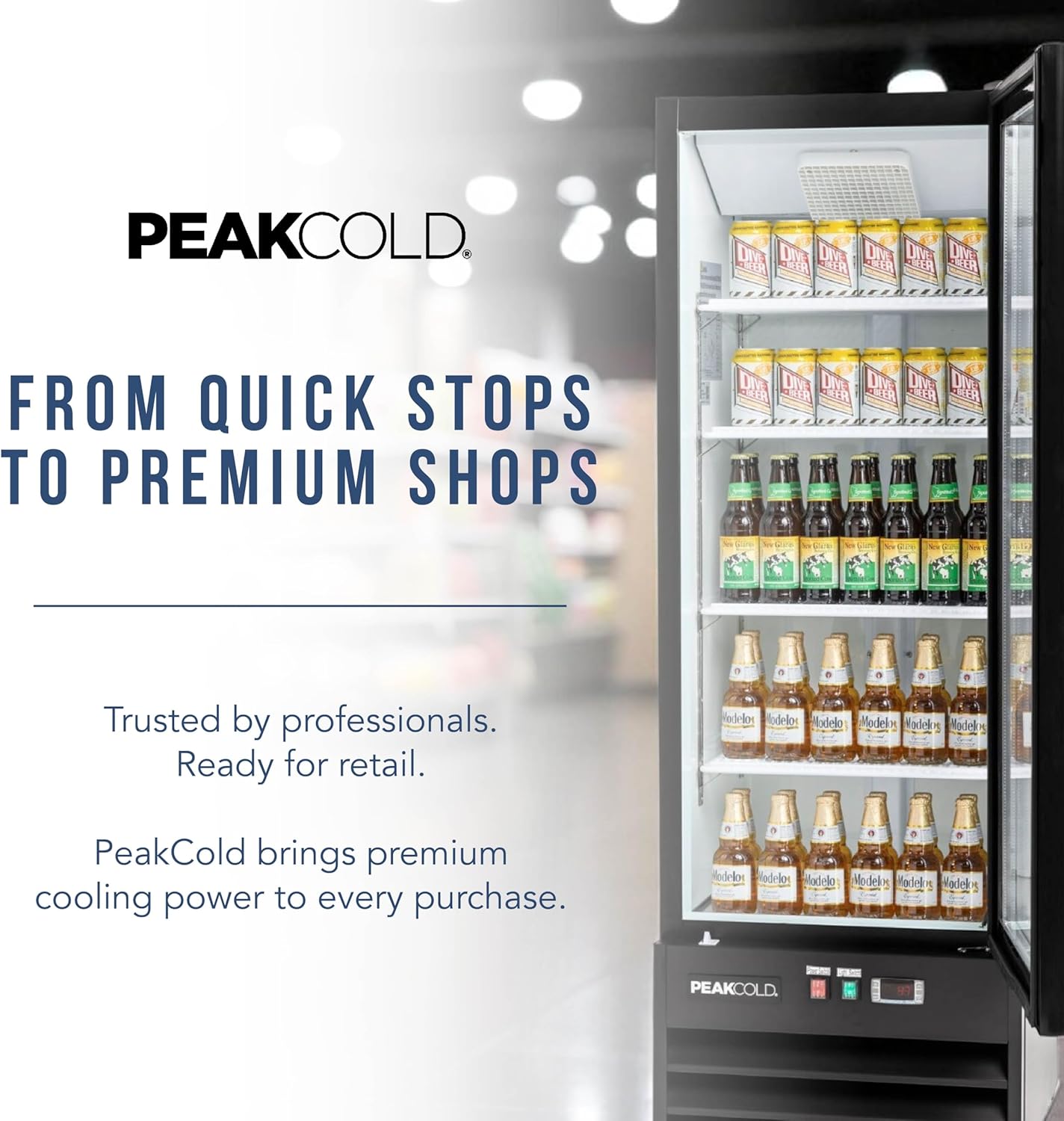 PEAKCOLD 1-Door Display Refrigerator - 9.1 Cubic Ft, Energy Efficient, Black Merchandiser Refrigerator With Glass Door, White Interior & LED Lighting - Small Commercial Display Cooler
