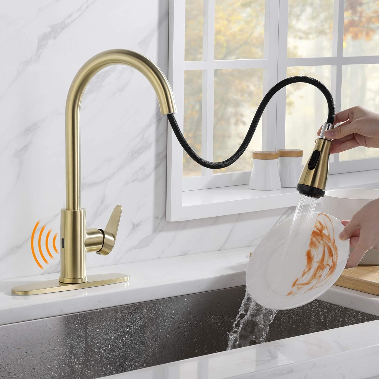 Rainovo Touchless Kitchen Faucet with 4 Modes Pull Down Sprayer Automatic Motion Sensor, Commercial Kitchen Sink Faucet Single Handle High Arc Stainless Steel with 3 Hole Deck Plate, Brushed Gold - - 