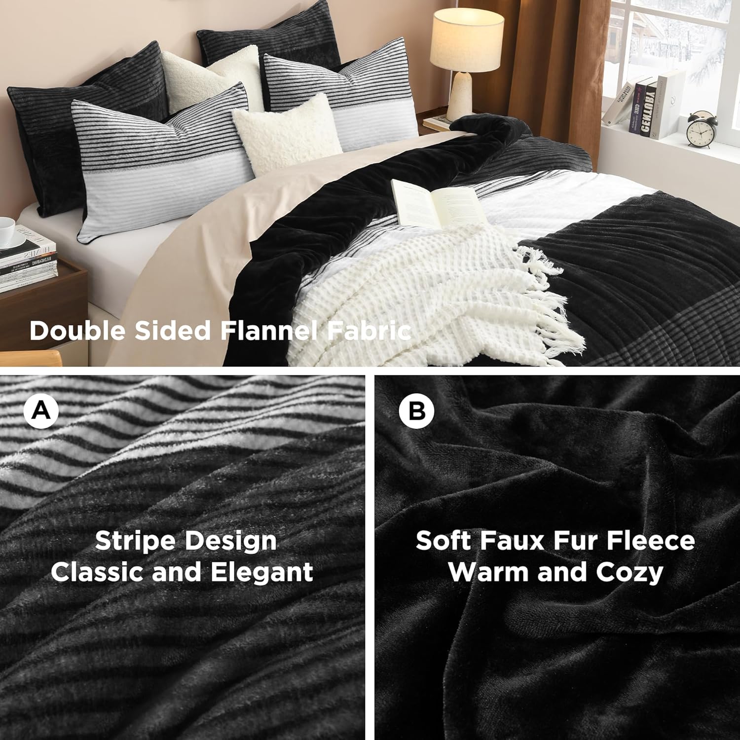 Litanika Fluffy Fleece Queen Comforter Set, Luxury Soft Plush Fuzzy Black & White Stripe Bedding Comforter Sets, Warm Shaggy Faux Fur Bed Set All Season (1 Comforter, 2 Pillowcases) - Image 7