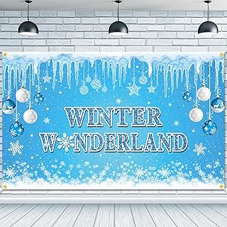 JKQ Blue Winter Wonderland Backdrop Banner 73 x 43 Inch Large Size Winter Snowflake Background Banner for Boys Girls Baby Shower Party Decorations Christmas Snow Landscape Indoor Photo Booth Props