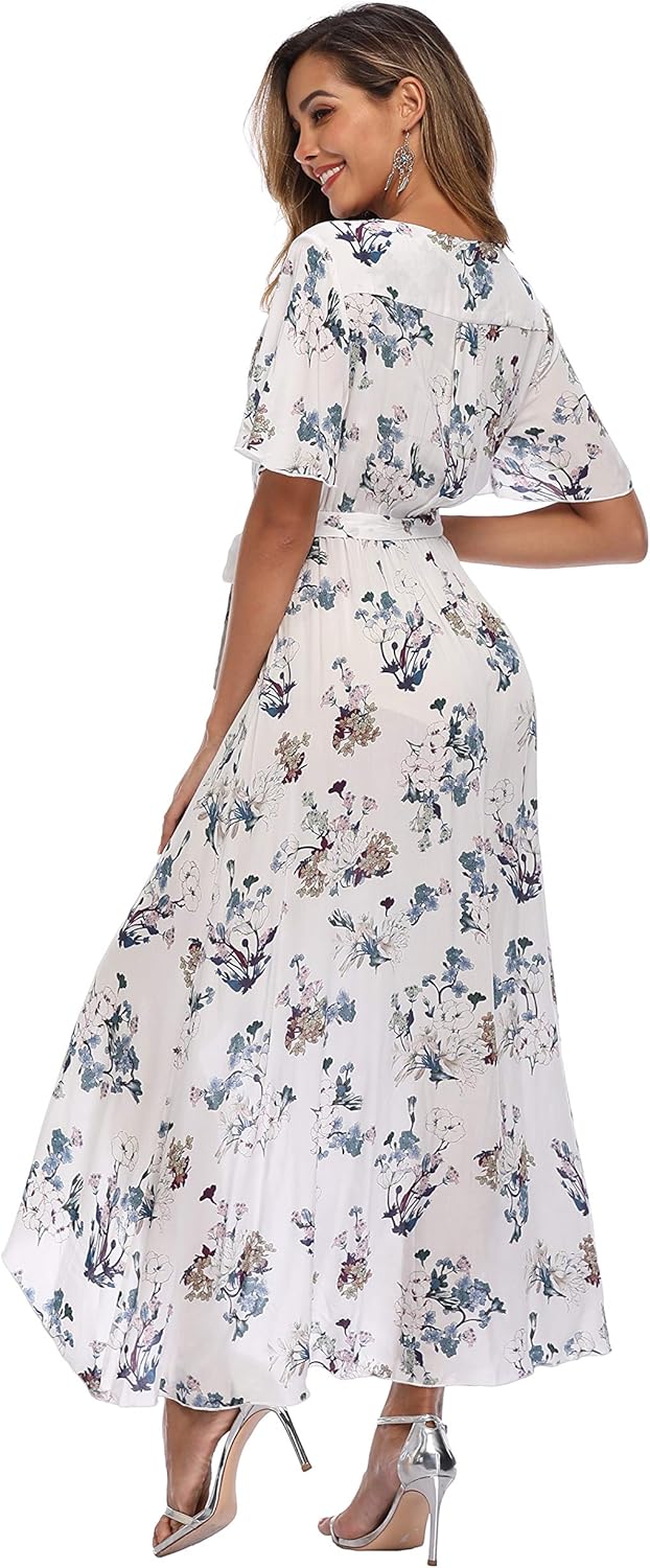 VintageClothing Women's Wrap V Neck Floral Summer Dresses High Low Maxi Casual - Image 5