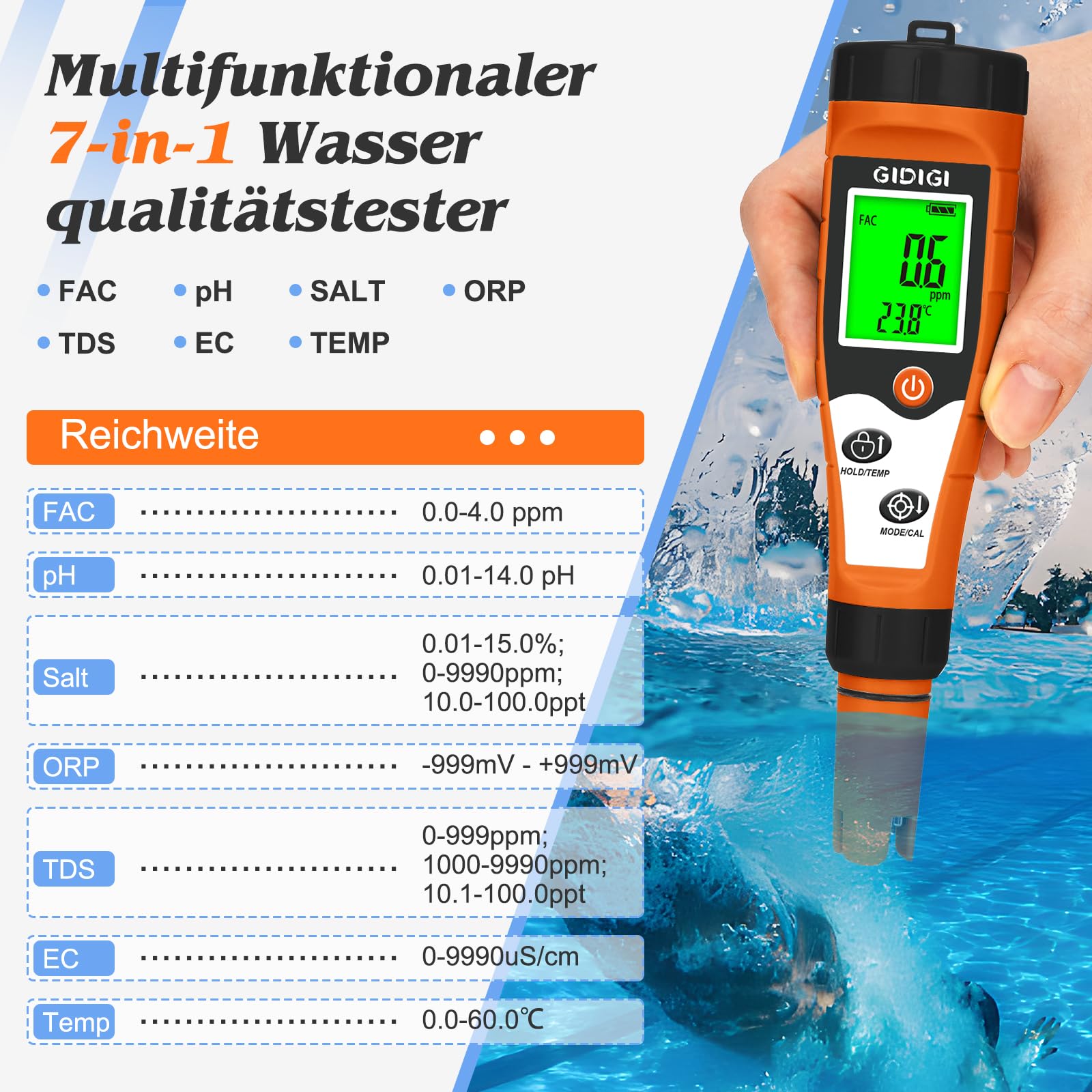 pH und Chlormessgerät für Pools Salzmessgerät für Schwimmbäder | 7-in-1 Messgerät ORP, EC, TDS und Temperatur Für Aquarien mit Kalibrierlösung, Hydrokultur, Whirlpools, Wassertest-Set