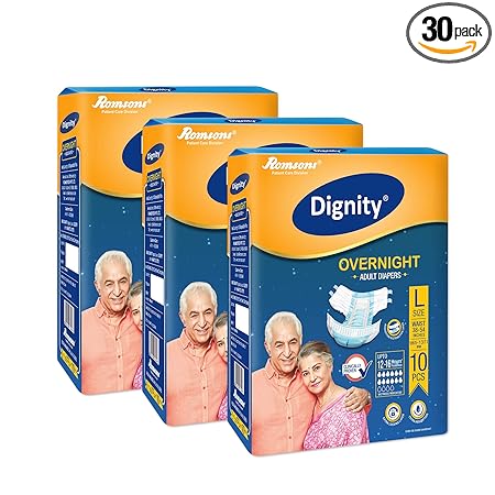 Dignity Overnight Adult Diapers Tape Style - 30 Count (Large) with Extra Absorbent Core, Wetness Indicator, Waist Size 38