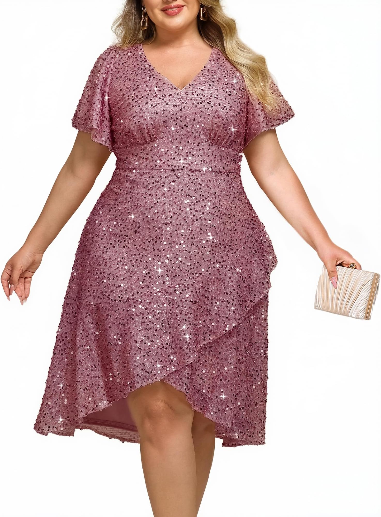Ever-Pretty Plus Women's V Neck Short Sleeves A-line High Low Sequin Plus Size Formal Wedding Guest Dresses