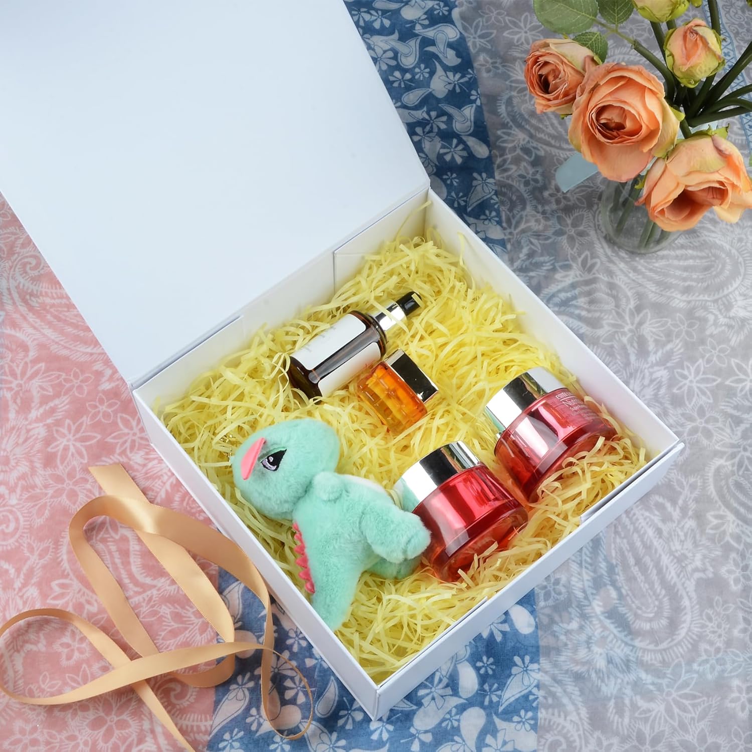 LumyHavver Gift Box 5 Pack 9.65x9.65x3.6 Inches with Magnetic Lid, White Collapsible Box with Ribbon, Raffia Grass, Card for Birthdays, Christmas, or Parties, Gift Packaging