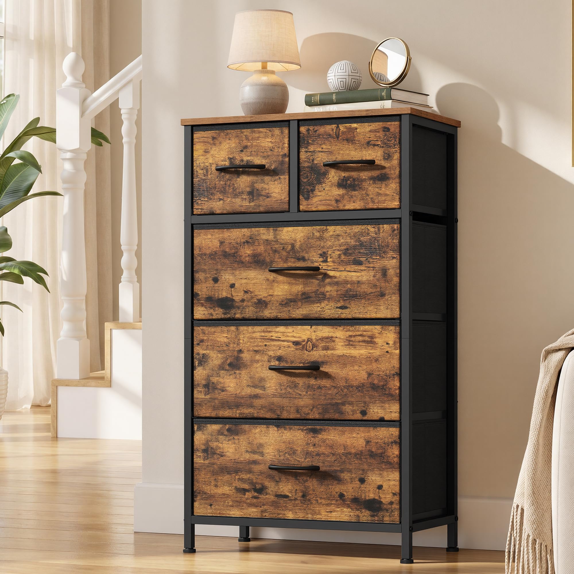 SONGMICS Chest of Drawers, 5 Fabric Drawers Storage Unit, Wooden Top and Steel Frame, 50.6 x 30 x 96.2 cm, for Bedroom, Closet, Hallway, Living Room, Vintage LGS431K101