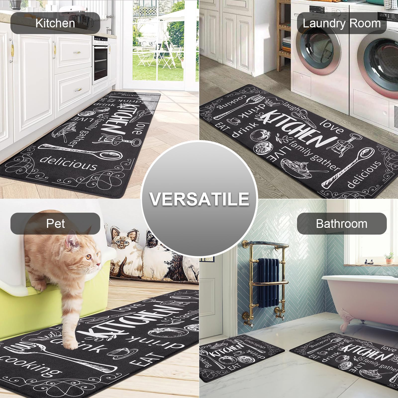 HEBE Lot de 2 Tapis de Cuisine Anti-Fatigue antidérapants épais et rembourrés avec Chemin de Table 43,2 x 121,9 cm + 43,2 x 71,1 cm