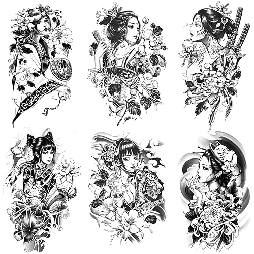 6 hojas de brazo falso impermeable cuerpo arte temporal tatuajes pegatinas negro japonés geisha samurai mujeres flor loto