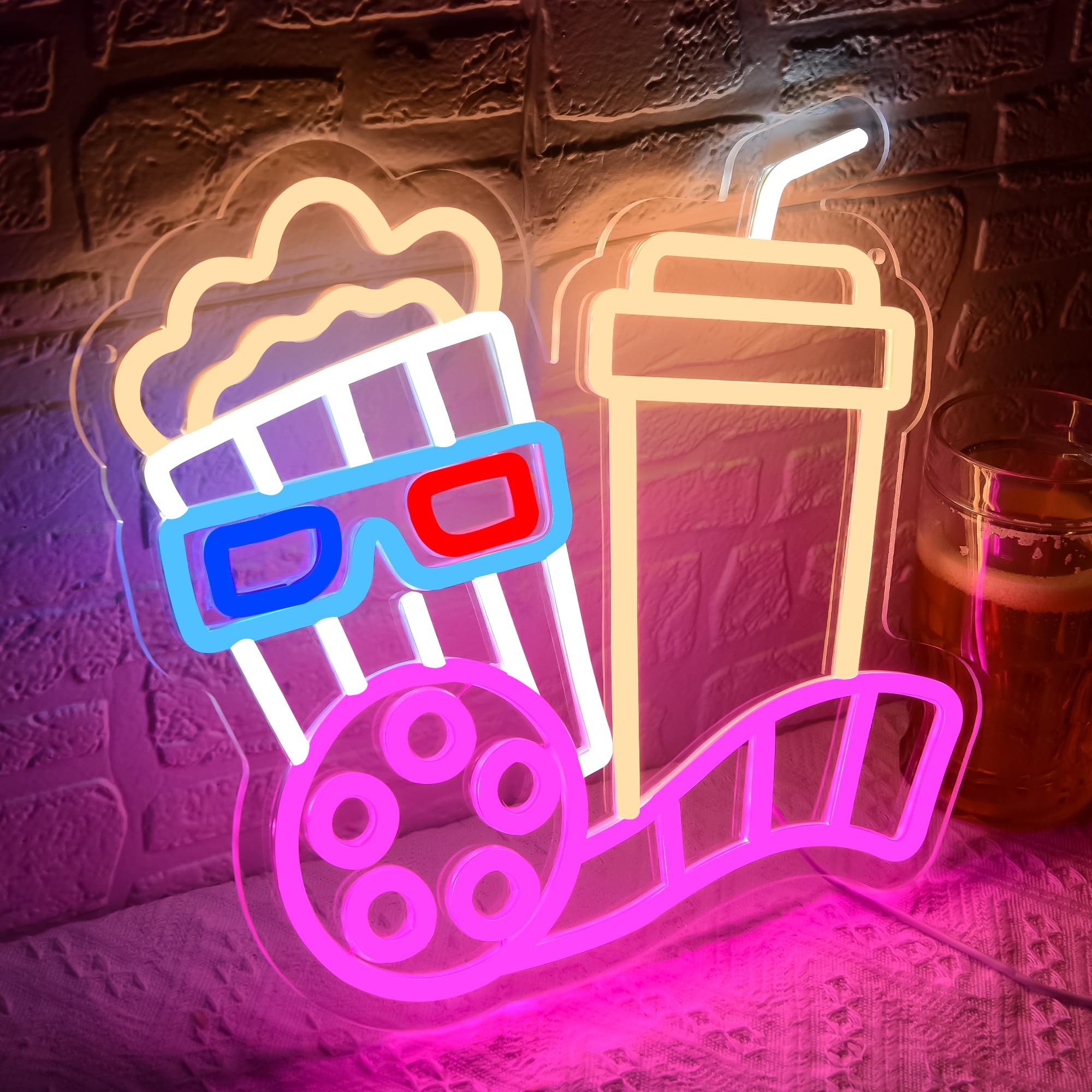 Insegna al neon con popcorn per decorazione da parete, luce al neon a led cinema per cinema, sala cinematografica, cinema, feste, decorazioni notturne per film, 31 x 34,3 cm (D263)