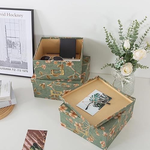 Miniatura 7 de Soul & Lane Decorative Cardboard Storage Boxes - Set of 3 Square Stacking Boxes with Lids and Gold Label Holders, Nesting Photo Storage for Decor