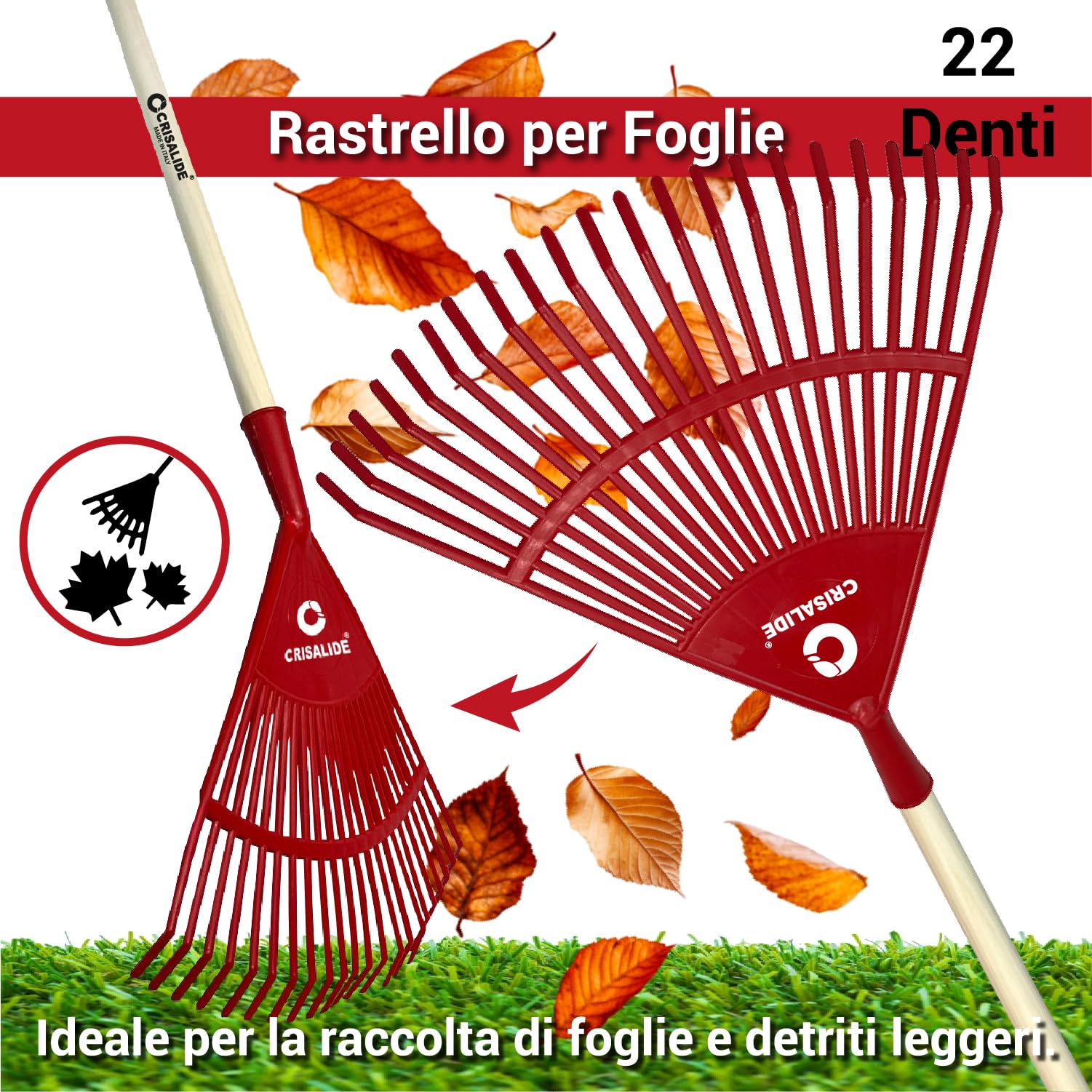 Crisalide®- Rastrello In PVC 22 Denti 40x40CM Con Barra Di Rinforzo, Completo Di Manico In Faggio 150CM, Ideale Per Foglie E Piccoli Detriti