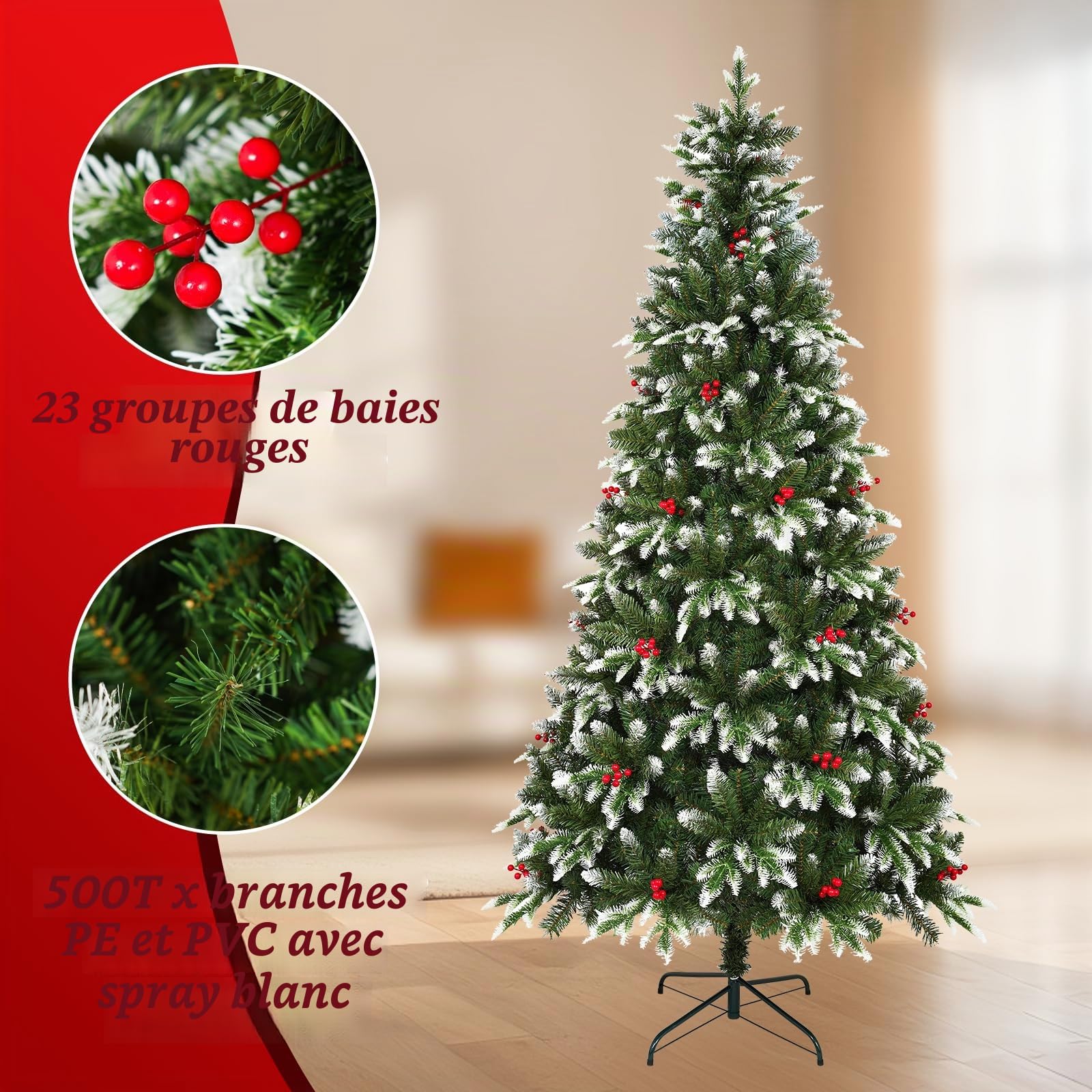 Uten Sapin de Noël Artificiel 150 cm, PE Arbre Noël Flocon Neige Luxe Décoration Intérieur, 500 Aspect Naturel Branches en PVC & PE, 23 Groupes Baies Rouges, Branches de Charnière, Réutilisable