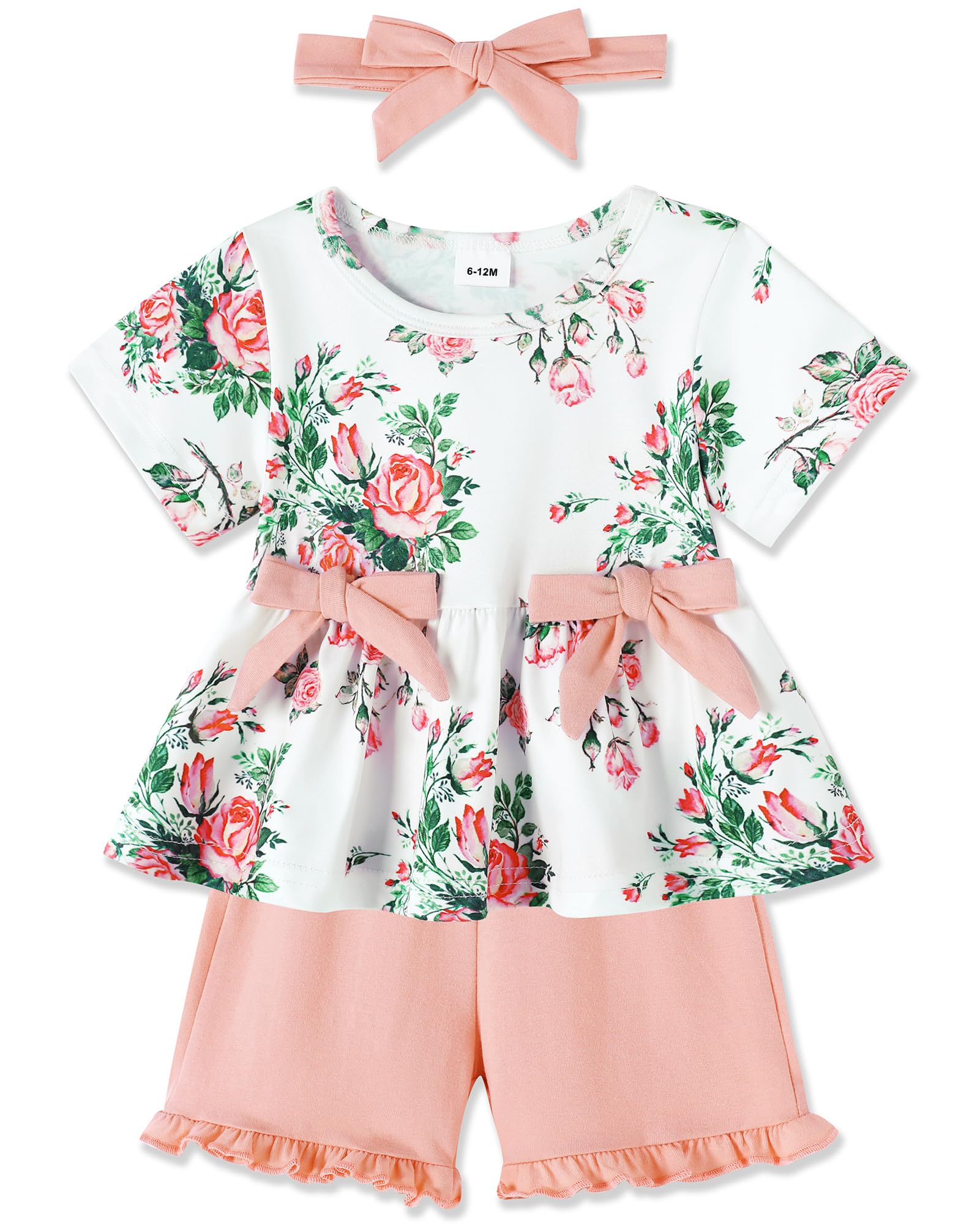 YALLET Toddler Baby Girl Clothes Summer Outfits Set, Short Sleeve T-Shirt+Casual Shorts+Headband 3Pcs Infant Girl Clothing