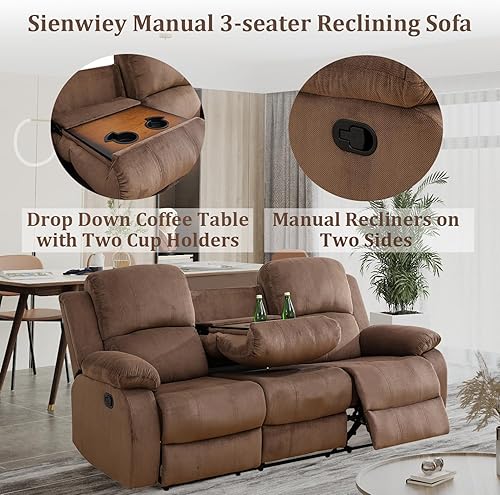 Miniatura 3 de Sofá reclinable manual, sofá reclinable con portavasos de 3 asientos, sofá de 3 asientos con mesa auxiliar desplegable para sala de estar, oficina,