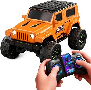Mini RC Car Remote Control Truck, Alloy Metal Off-Road Vehicle, 2.4GHz RC Car with Remote Control, USB Rechargeable Mini 4x4 SUV, LED Lights, All Terrain Toy Car for Kids Boys Adults (Orange)
