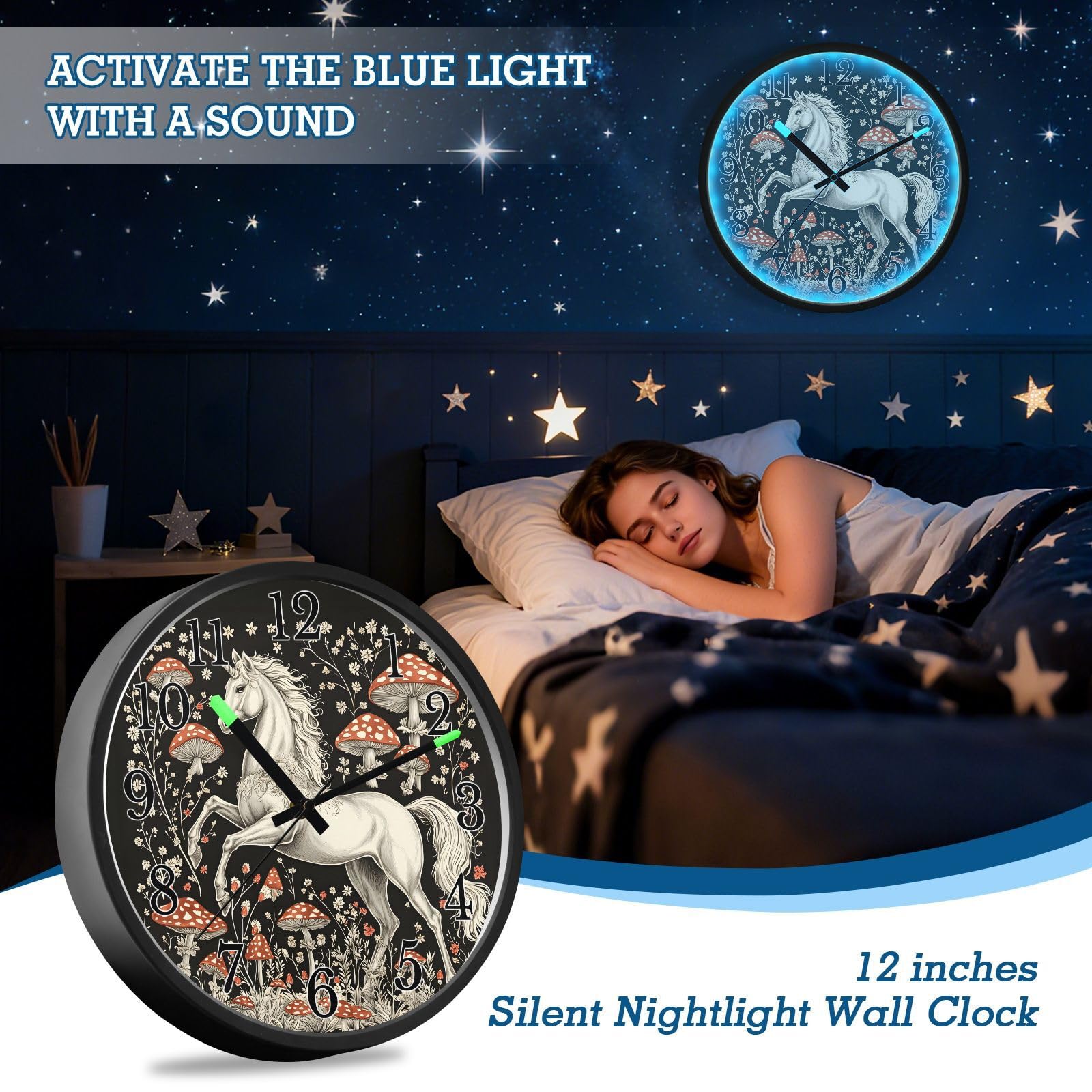 Mnsruu Reloj de pared con diseño de unicornio y hongos bohemios, funciona con pilas, silencioso, brilla en la oscuridad, para sala de estar, cocina, 30,5 cm