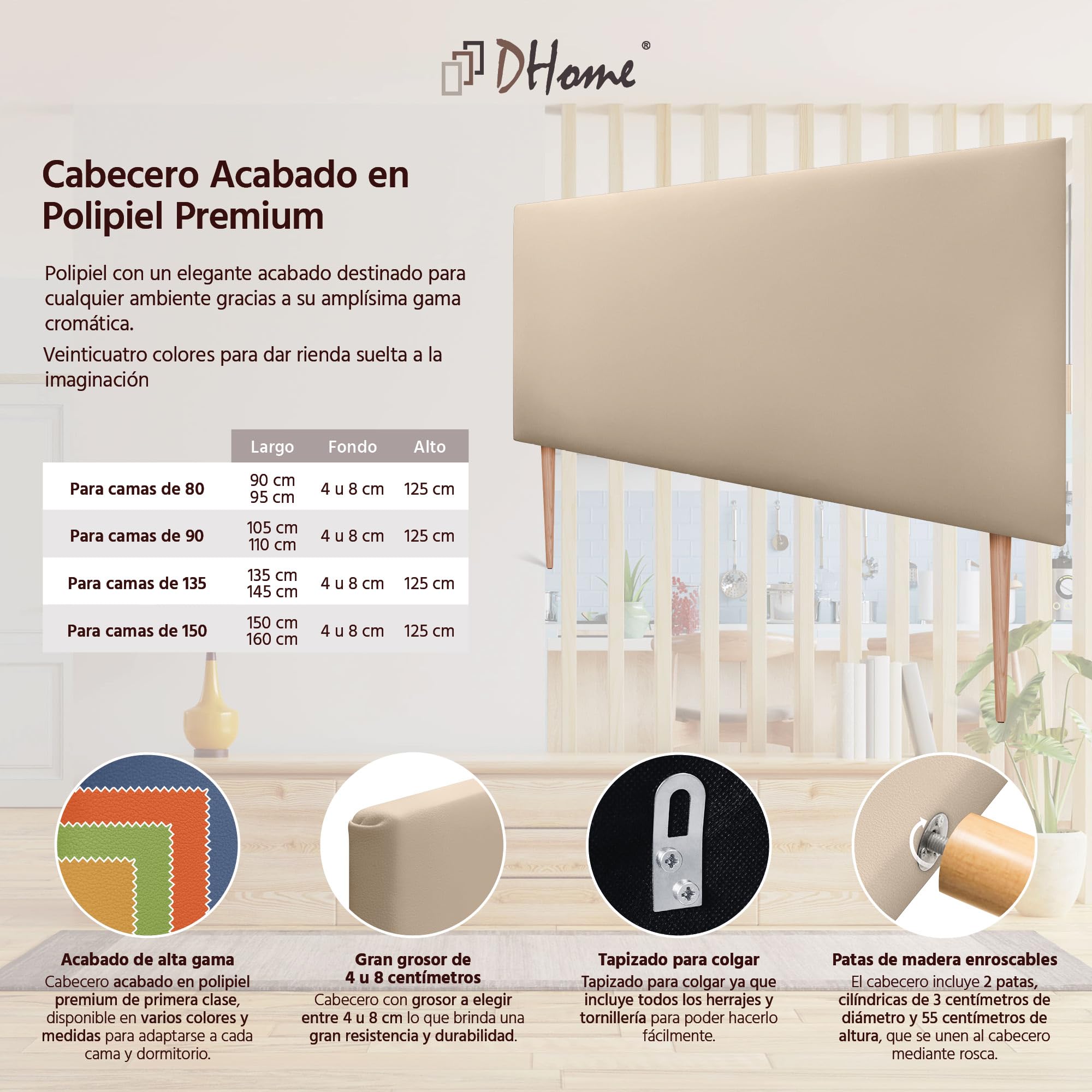 DHOME Testiera Imbottita Liscia in Similpelle Altezza 70CM Spessore 4cm e 8cm per Parete Acustica Testate Letto Pannello Fonoassorbente Camera da Letto (Similpelle Beige, 160cm, Spessore 8cm)