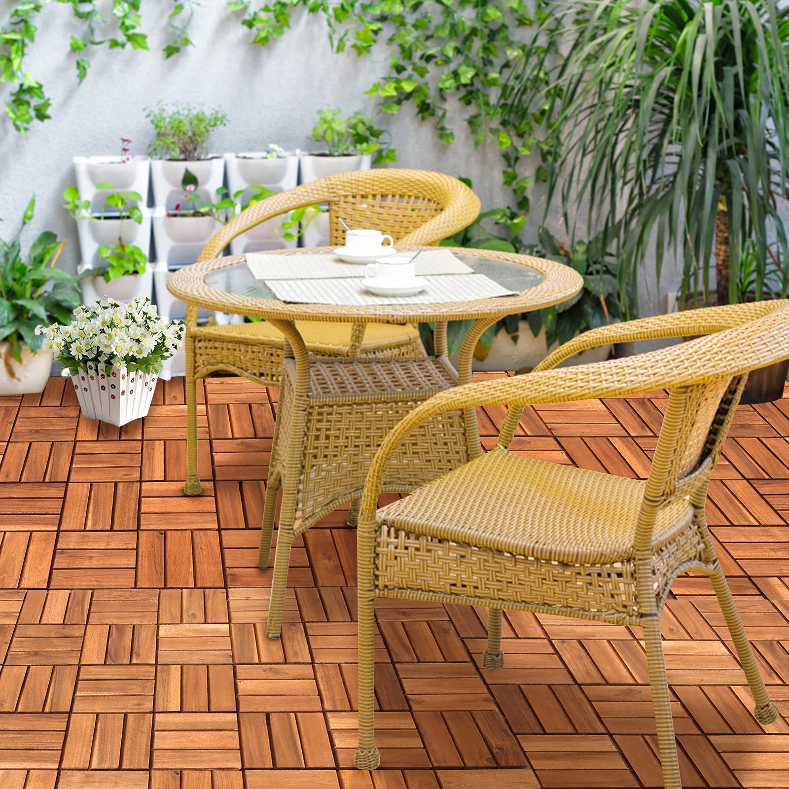 Lot de 55 dalles de bois - Mosaïque en bois d'acacia - 30 x 30 cm - Pour jardin, terrasse, balcon