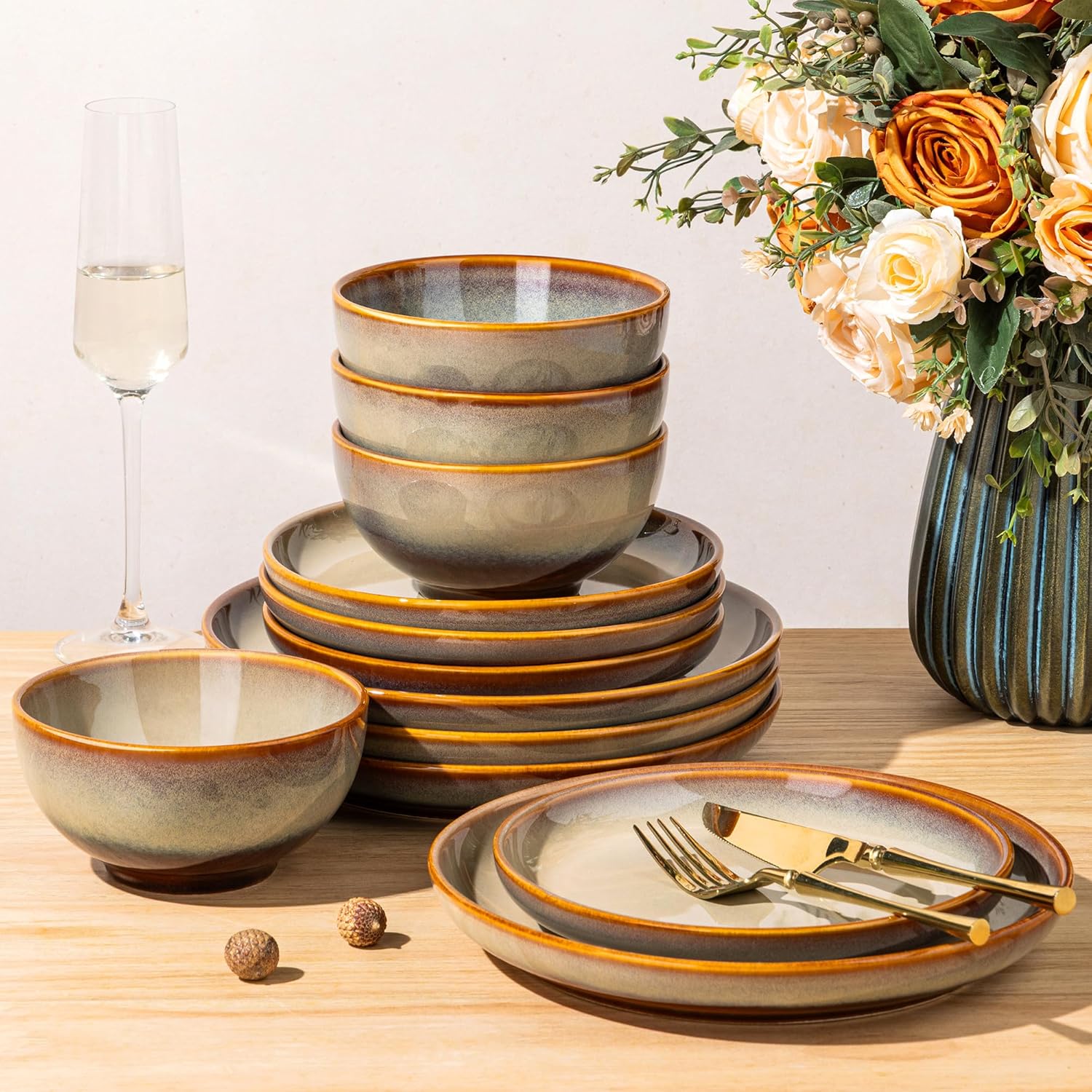 TheTerra Stoneware Dinnerware Sets for 4, 12 Pieces Ceramic Plates and Bowls Sets, Scratch Resistant Dish Set, Oven, Microwave & Dishwasher Safe, Creamy Amber