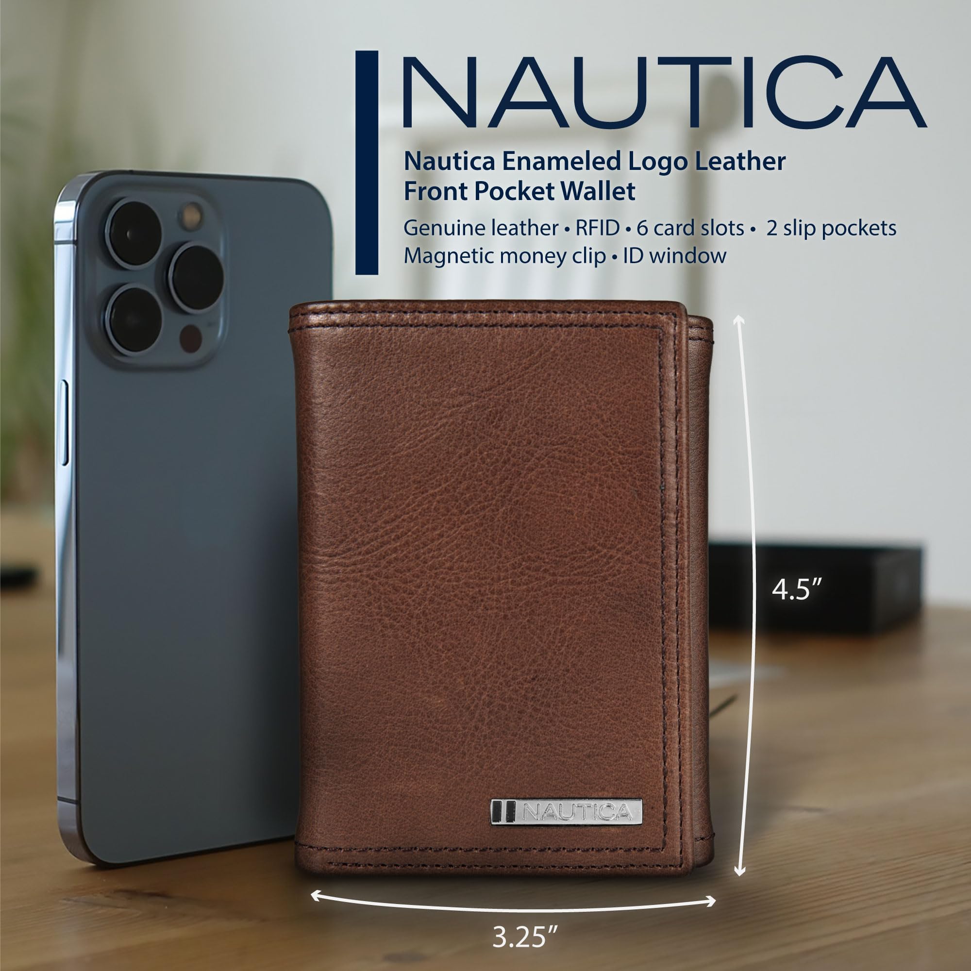 Nautica Portafoglio Uomo In Pelle Marrone – Trifold Con Finestra Porta Documenti E Tasche Per Carte - 3