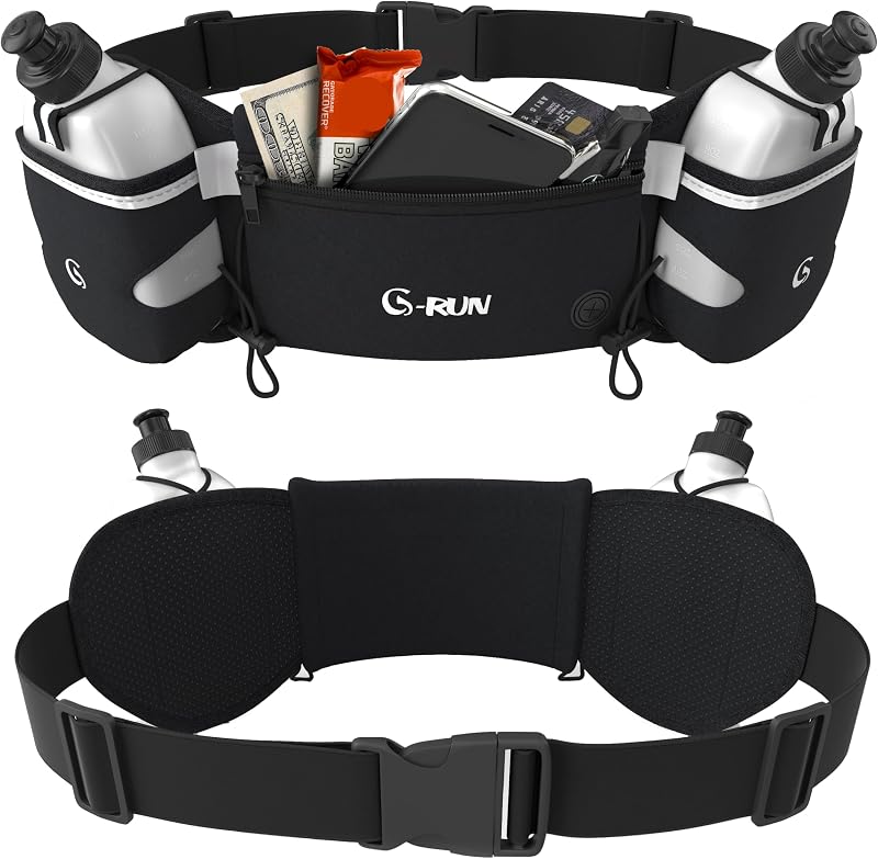 Hydration Running Belt with Bottles - Water Belts for Woman and Men - iPhone Belt for Any Phone Size - Fuel Marathon Waist Pouch for Runners - Jogging Cycling Biking, Black