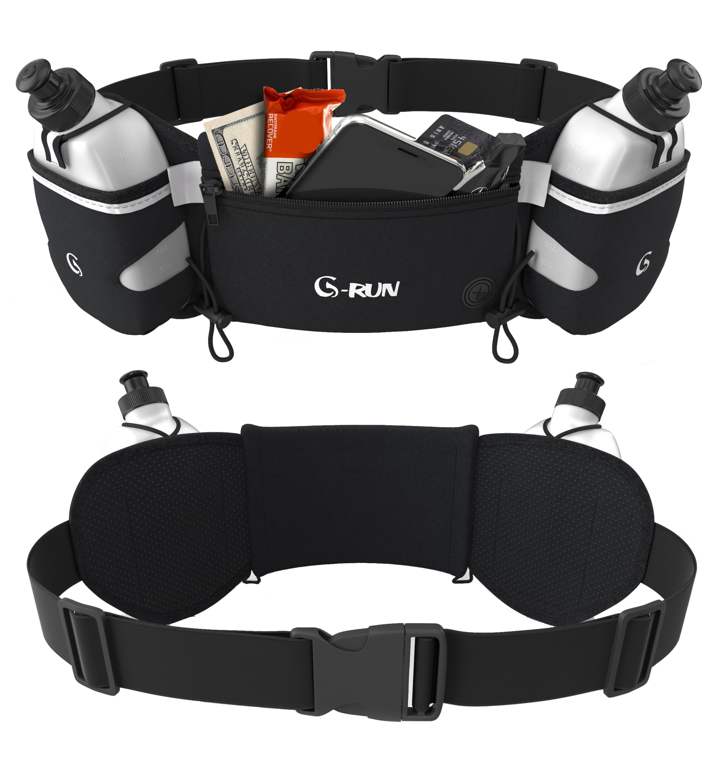 Q-RUN Hydration Running Belt with 2 x 10oz Water Bottles, No Bounce Adjustable Waist Belt for Men & Women, Marathon Running Gear