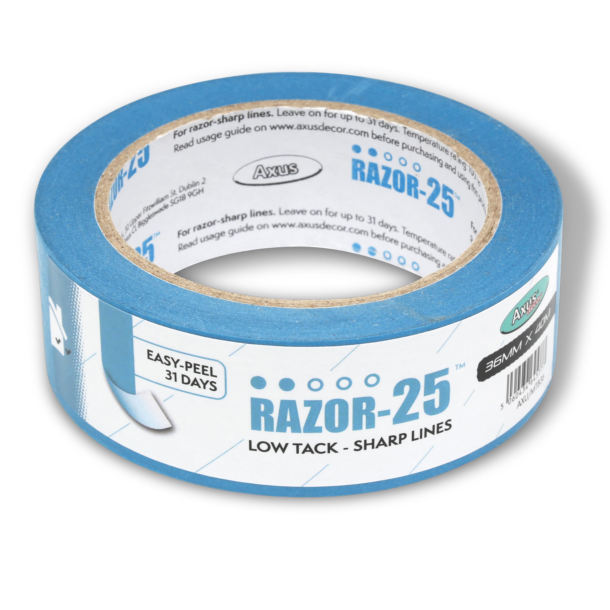 Axus Decor Blue Razor-25 Low Tack Masking Tape - 36Mm X 40M - Low Tack Tape For Recently Painted Surfaces, Residue Free Removal, For Painting Decoration & Diy Projects,