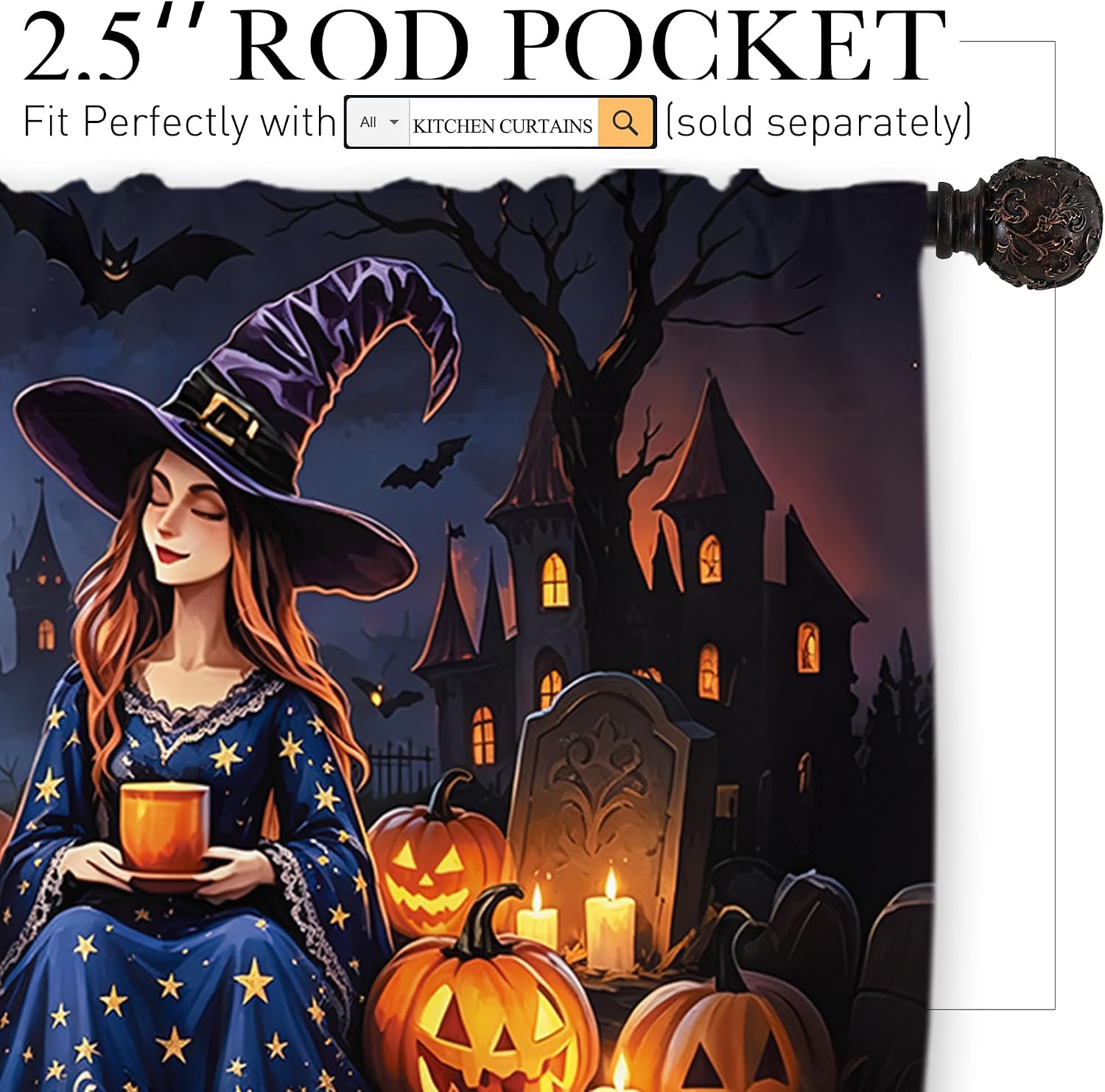 Halloween Vintage Witch Kitchen Valance Curtains, Bat Pumpkin Light-Filtering Window Treatment, Scary Spooky Horror Rod Pocket Drapes Valance (1 Panel, 54 x 18 in)