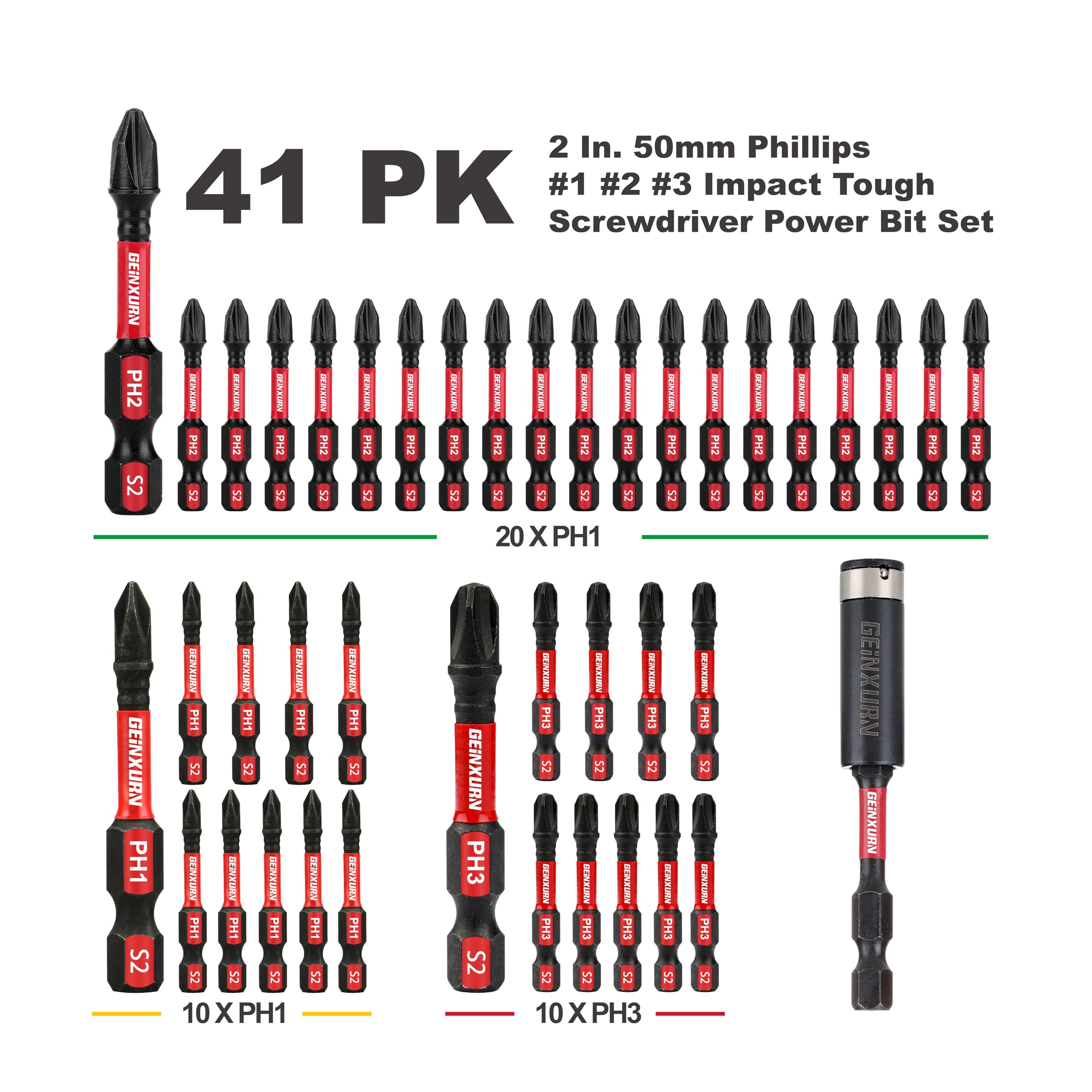 Geinxurn Juego de puntas de destornillador magnéticas antideslizantes hexagonales resistentes a impactos de 2 pulgadas. PH1/PH2/PH3 brocas de destornillador de inserción, paquete de 40 puntas de