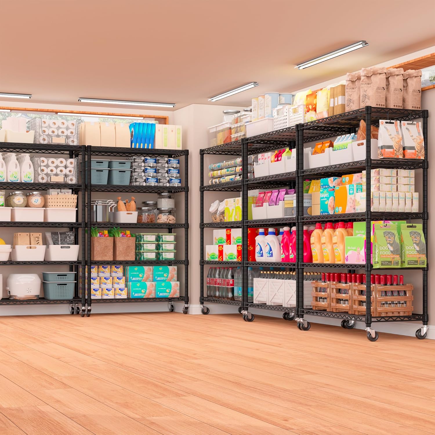 PrimeZone 74''H Wire Shelving 1250lbs 5 Tier Storage Shelves with Wheels NSF Certified Heavy Duty Steel Metal Shelf Adjustable Rolling Rack Kitchen Garage Closet Pantry Laundry 74''HX36''WX14''D 2PCS