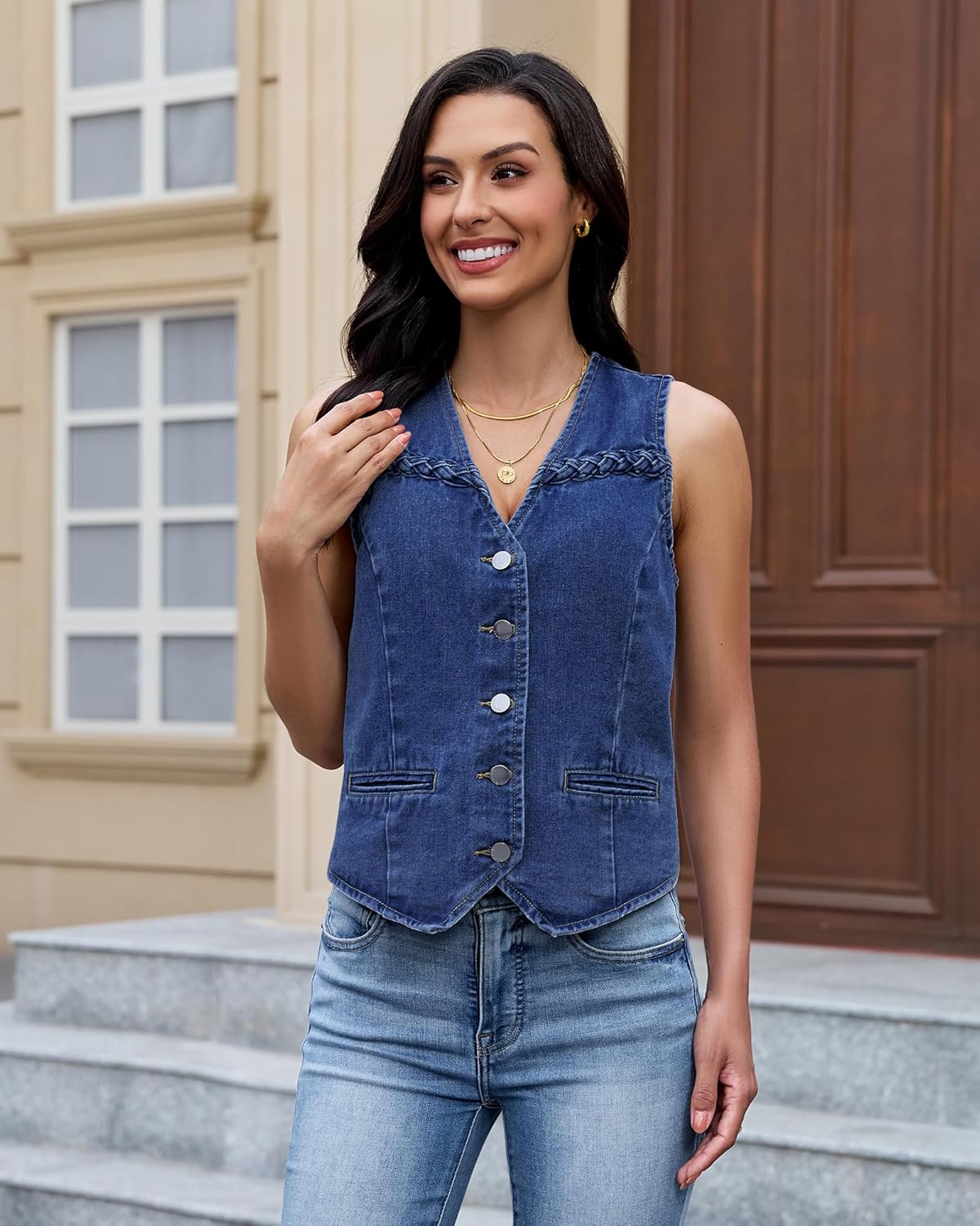 luvamia Denim Vest Women Trendy Button Down Braided Adjustable Waist Western Casual Sleeveless Jean Waistcoat Vests Top - Image 3