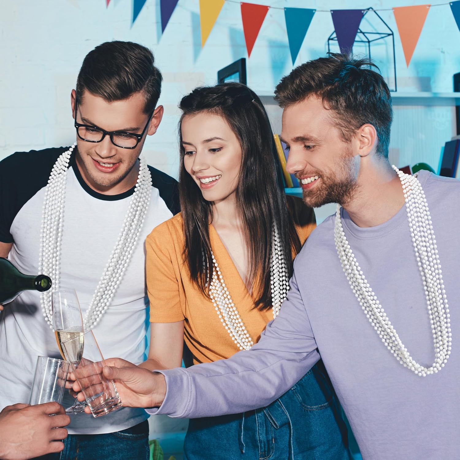 100 PCS White Mardi Gras Beads Bulk, 33" Mardi Gras Beaded Necklaces, Round Beaded Accessories Set Parade Throw Bead Accessories Supplies, White Beads for Wedding Carnival Party Decorations - Image 5