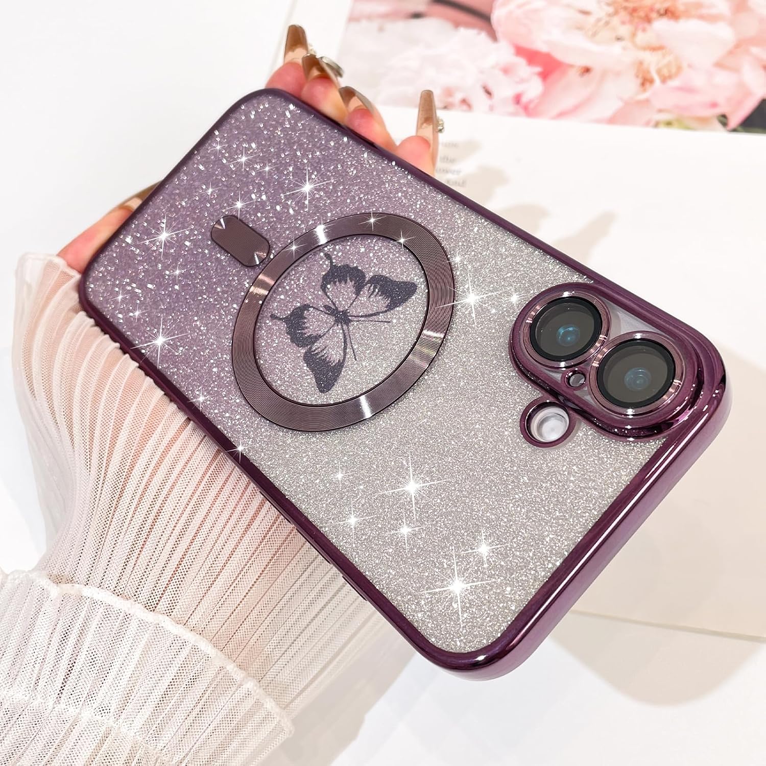 Fiyart Designed for iPhone 16 Case,Compatible with MagSafe Plating Camera Protection Butterflies Phone Cover, Magnetic Glitter for Women Girls Shockproof Bumper 6.1"-Purple Purple iPhone 16