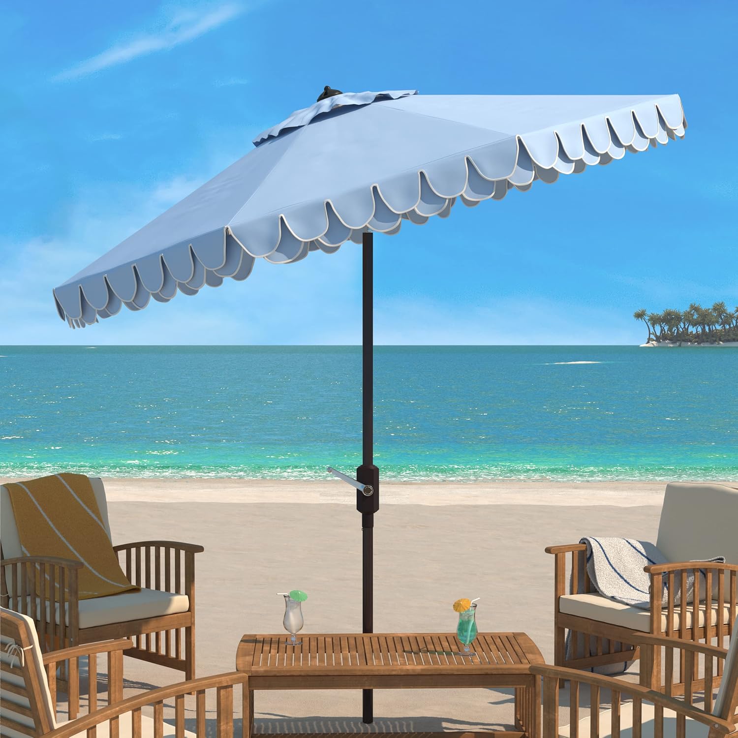 SAFAVIEH 9ft Outdoor Patio Umbrella, Round, Valance, Baby Blue & White Trim, Auto Crank Tilt, UV Resistant for Deck, Backyard, Poolside (PAT8006U) - Image 2