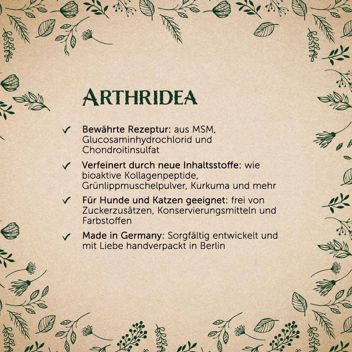 Waldkraft Arthridea Gelenkkomplex für Hunde & Katzen, 300 g Pulver | Mit MSM, Glucosamin, Chondroitin, Kollagen, Grünlippmuschel, Kurkuma & Weihrauch, Lichtschützender Braunglastiegel