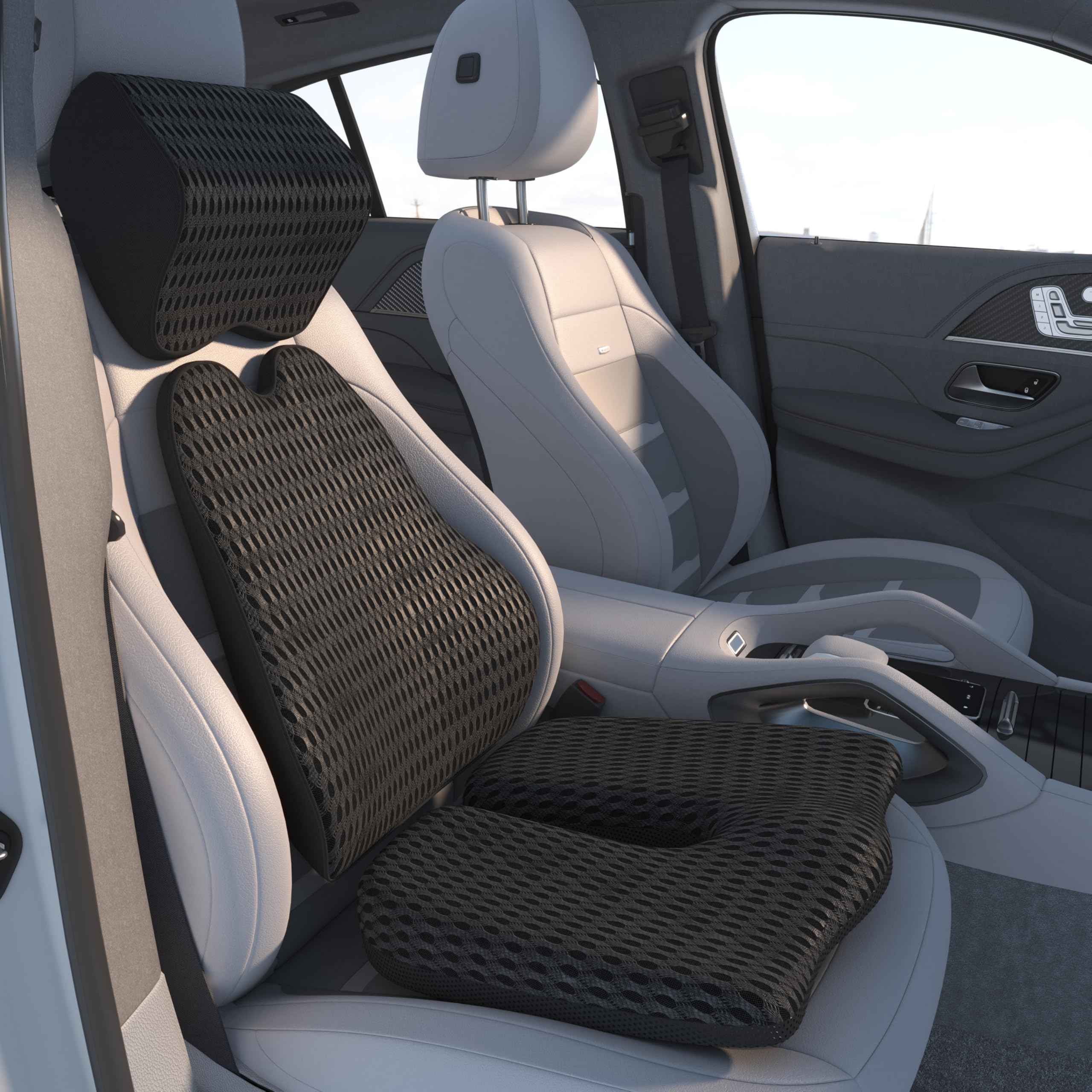 Cojín ortopédico Con soporte Lumbar y reposacabezas, cojín ergonómico para Silla, espuma viscoelástica, ciática, hemorroides y alivio del Dolor de espalda, para asiento de coche (Black)