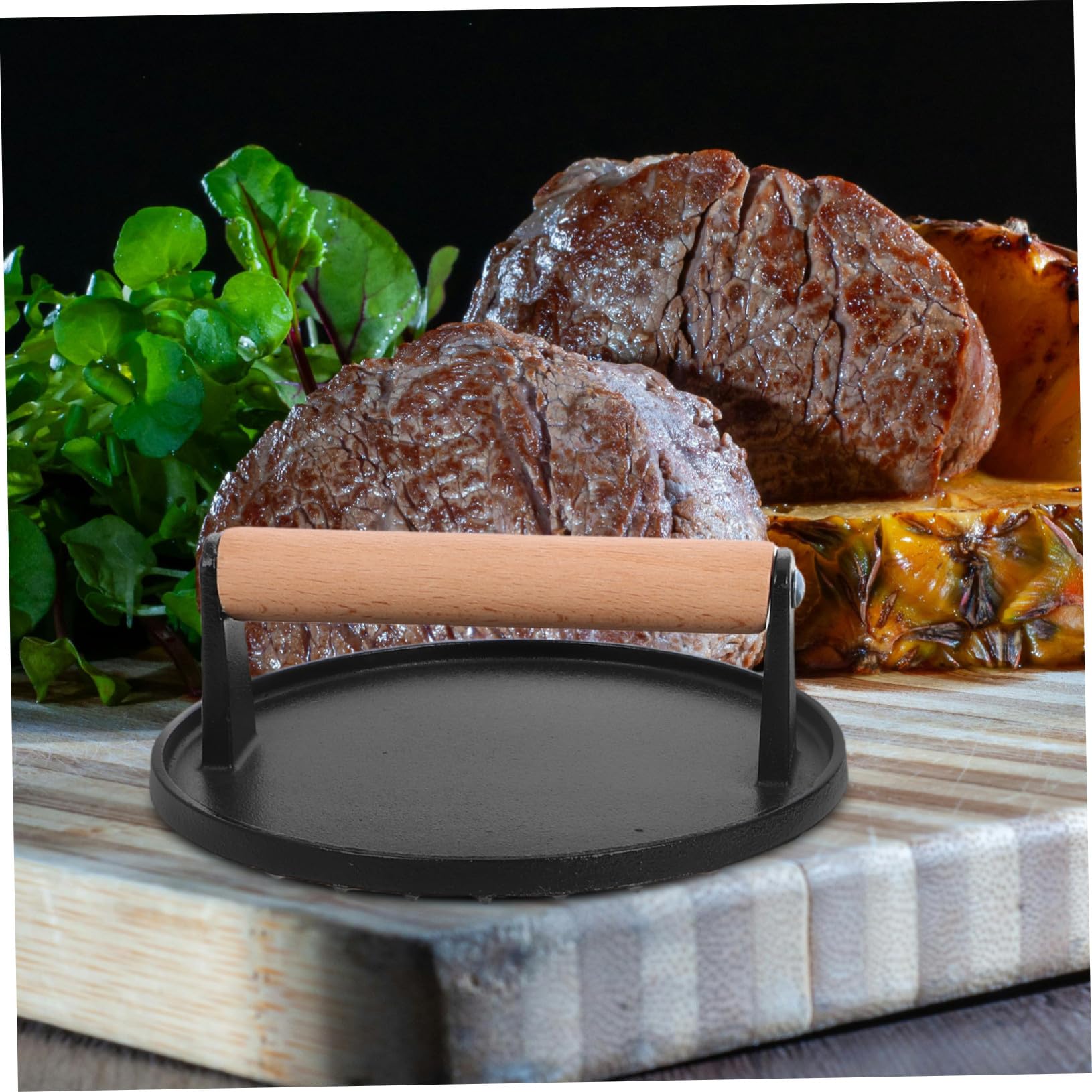 Sosoport Prensa Uso Multifuncional con Mango de Madera de Hierro Fundido para Hamburguesas Diseño sin Recubrimiento, 2 Piezas en Cocina para Tocino y Otras Carnes