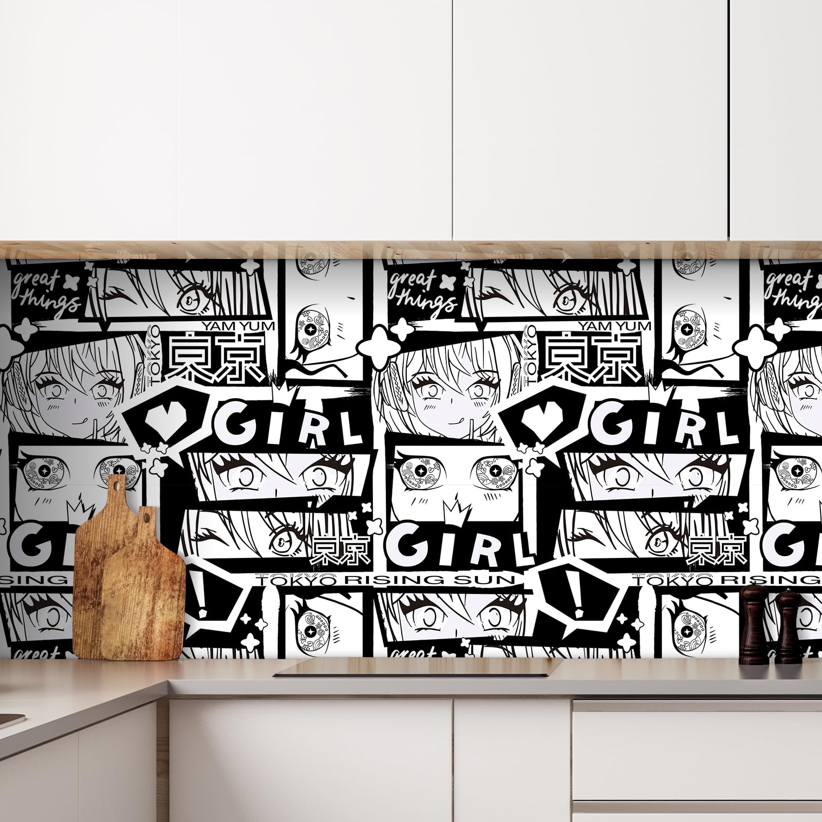 Livelynine 44,5 x 701 cm anime giapponese Peel & Stick carta da parati rimovibile per camera da letto moderna in bianco e nero graffiti murale murale affittuario amichevole carta da contatto